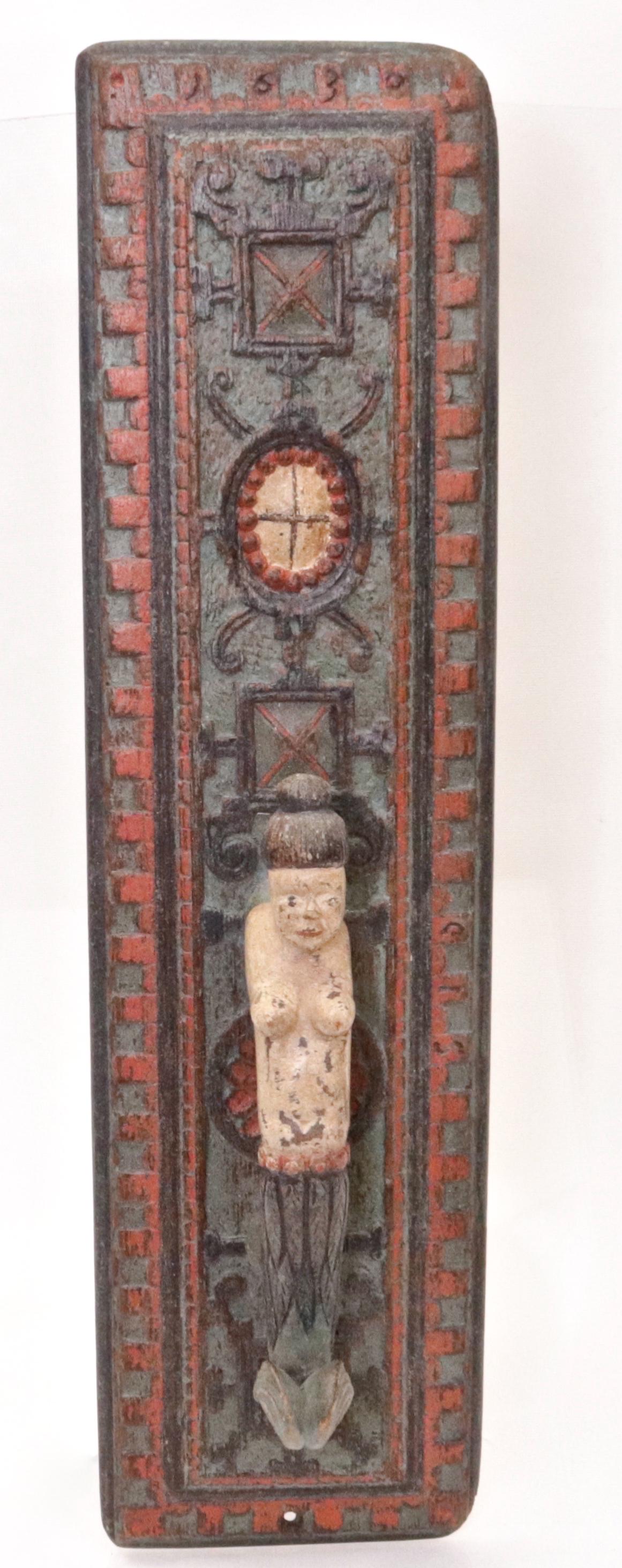 ANTIQUE EUROPEAN MANGLE BOARD: HAND CARVED AND PAINTED WITH MERMAID HANDLE - GEOMETRIC DESIGN - INTERESTING DETAIL 23" L