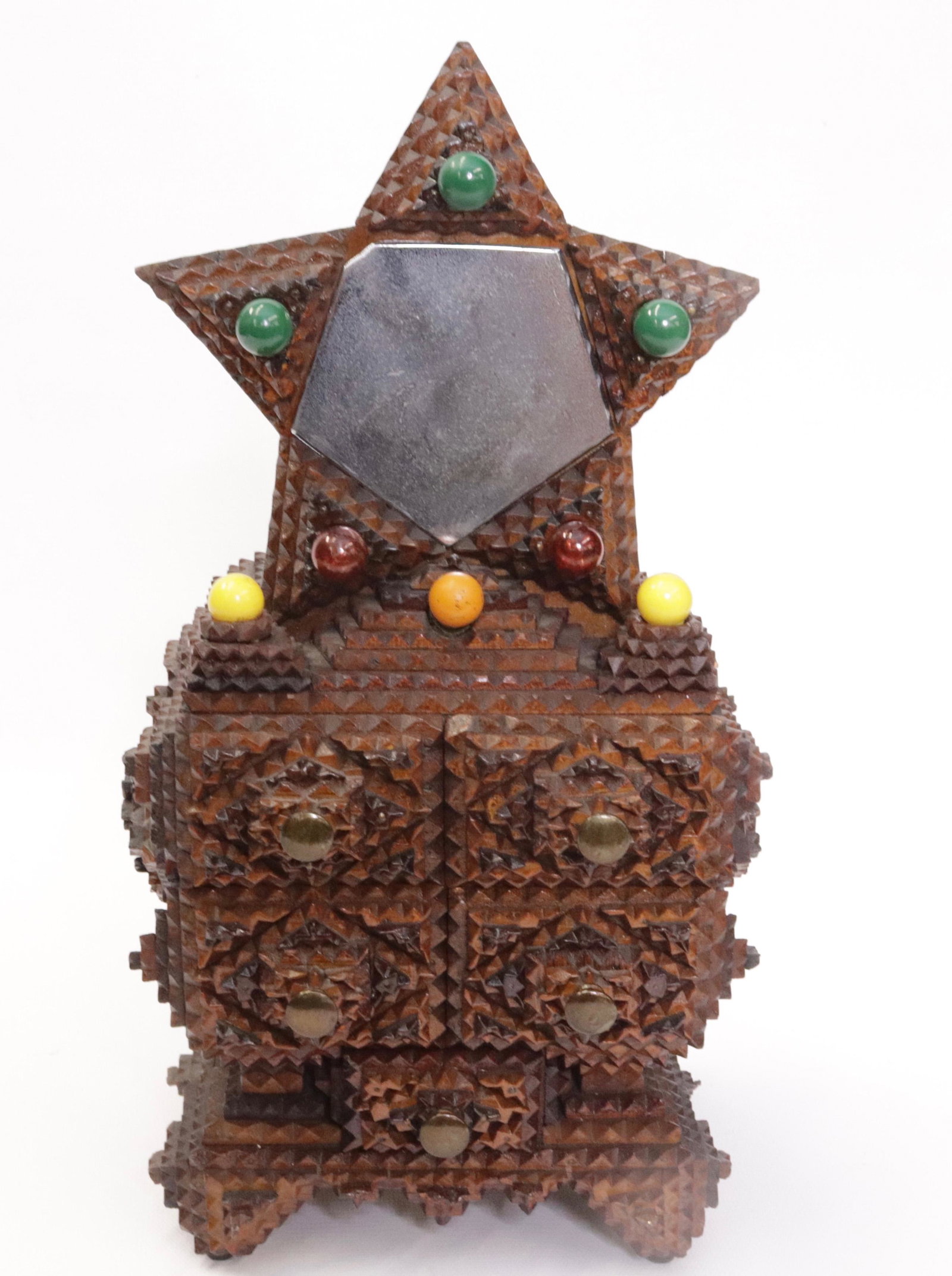 TRAMP ART DRESSER BOX: FIVE DRAWERS WITH STAR SHAPED MIRROR (POLISHED METAL) SURROUNDED BY SMALL LIGHT BULBS. CONSTRUCTED OF CIGAR BOXES. CHORD OUTLET TO PLUG IN 13" X 7" X 6"