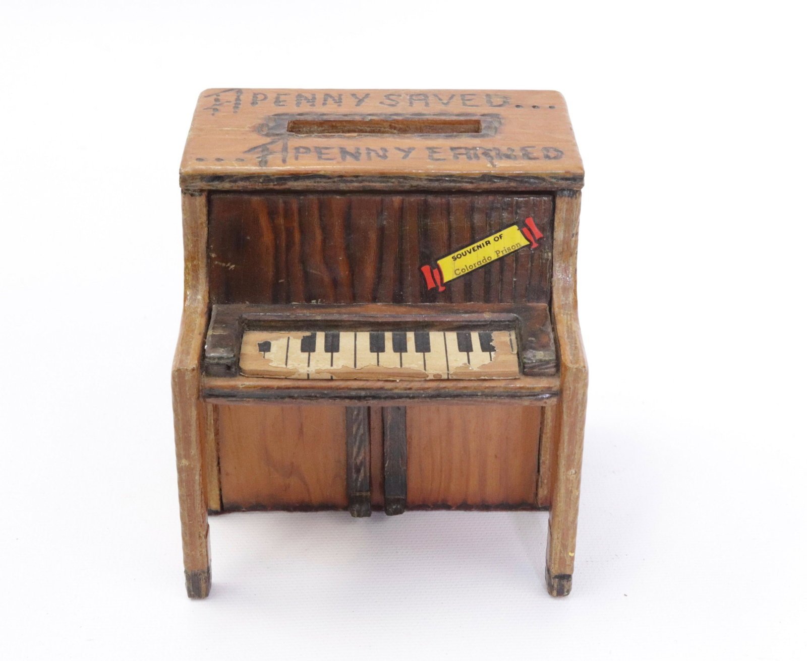 VINTAGE COLORADO PRISON ART BANK: FORM OF A PIANO "PENNY SAVED, PENNY EARNED" 4 1/4" X 4" X 3 1/2"
