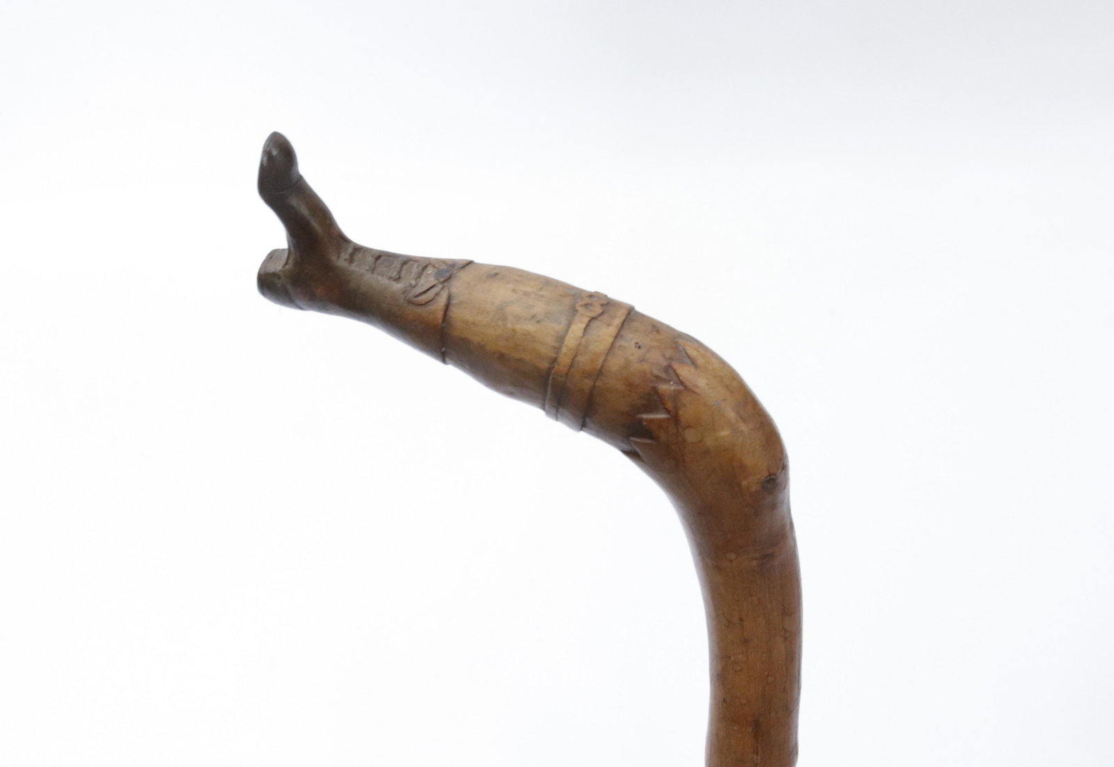 CARVED FOLK ART CANE: LADY'S LEG WITH BOOT HAND GRIP 35" L