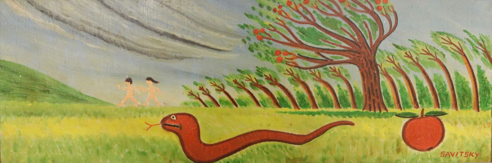 JACK SAVITSKY (1910-1991) OIL ON BOARD: ADAM & EVE WITH SNAKE AND APPLE. SGND. BOTTOM RIGHT. FRAMED 6 1/2" X 17 3/4"