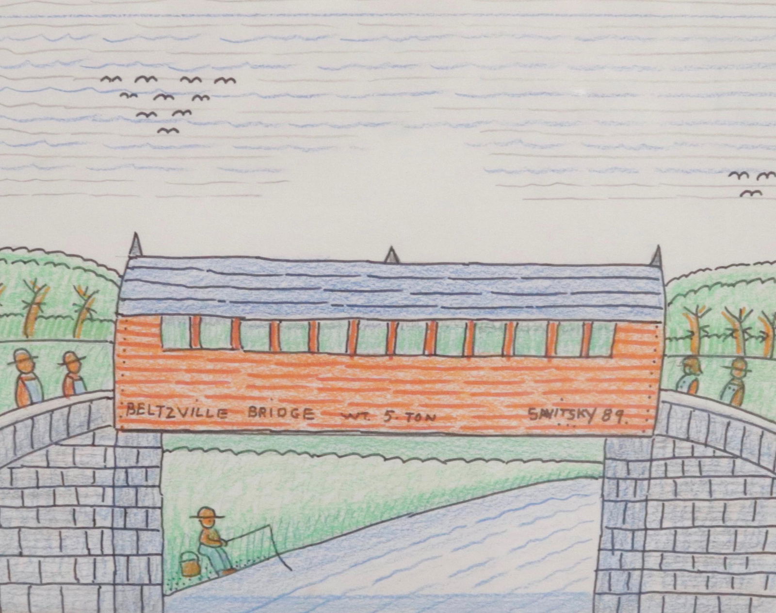 JACK SAVITSKY (1910-1991) DRAWING ON PAPER: HAND COLORED. "BELTZVILLE BRIDGE" SAVITSKY '89. FRAMED AND MATTED UNDER GLASS 9" X 12"