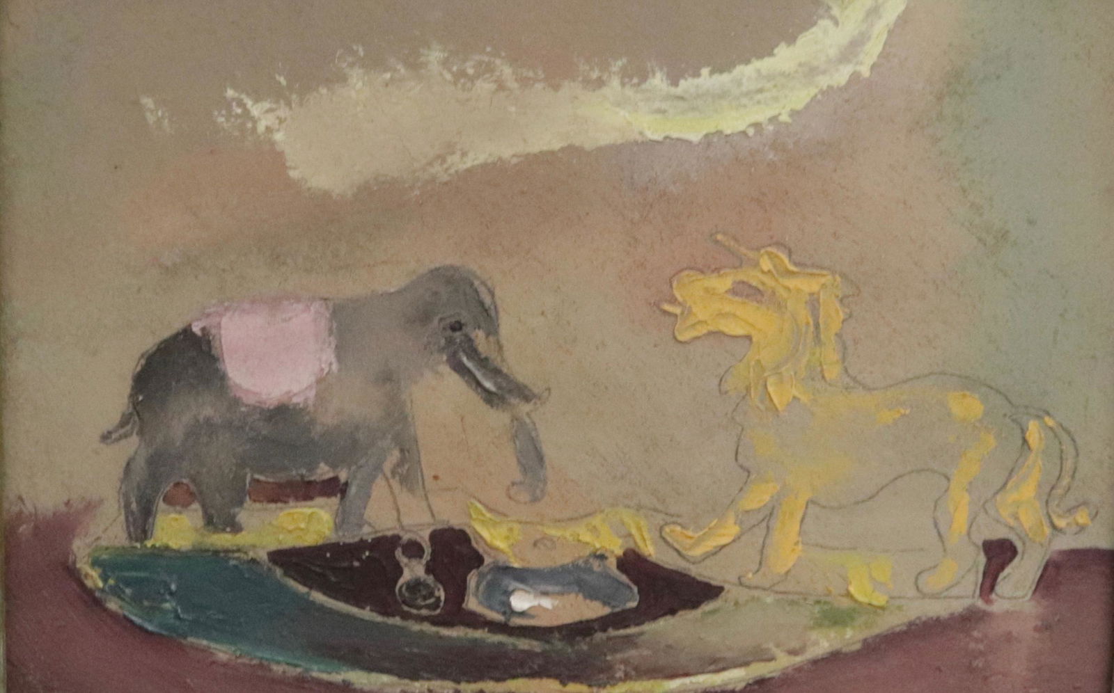 EARLY STERLING STRAUSER OIL ON BOARD: 1950 "ELEPHANT AND UNICORN" DEPICTS CHILD'S TOY. SGND. UPPER LEFT. FRAMED 8" X 12"