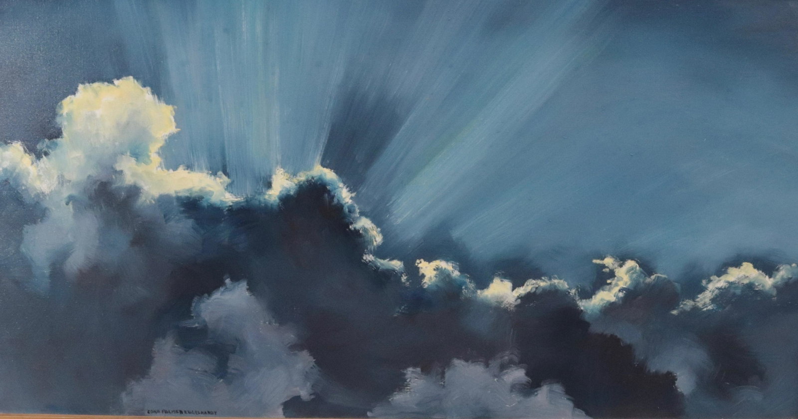 EDNA PALMER ENGELHARDT OIL ON CANVAS: "STORM CLOUDS" SGND. LOWER LEFT. FRAMED 29 1/2" X 57"