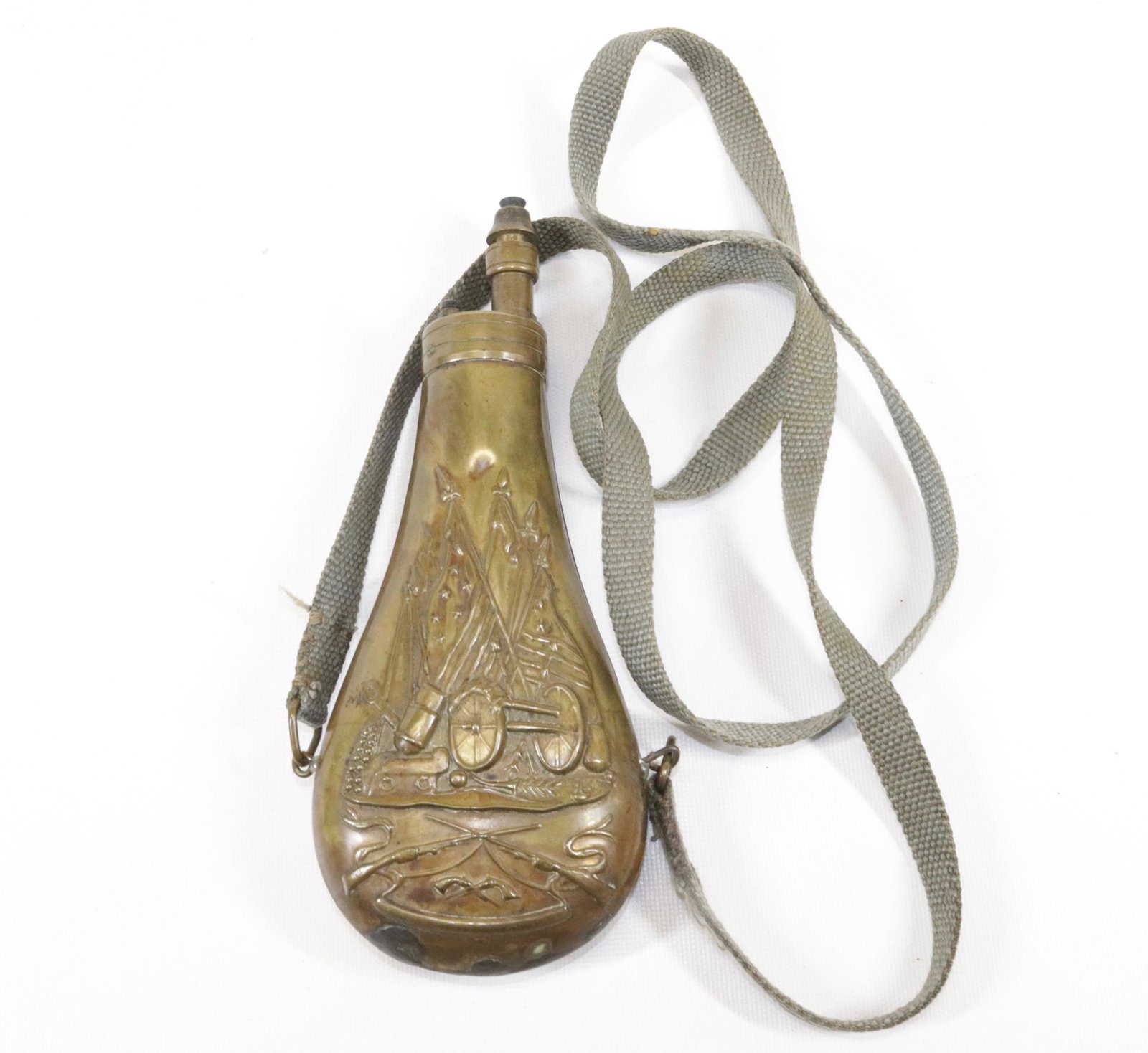 COLT TYPE POWDER FLASK: EMBOSSED FLAGS AND CANNON SCENE - ORIGINAL CONDITION Size 9" L