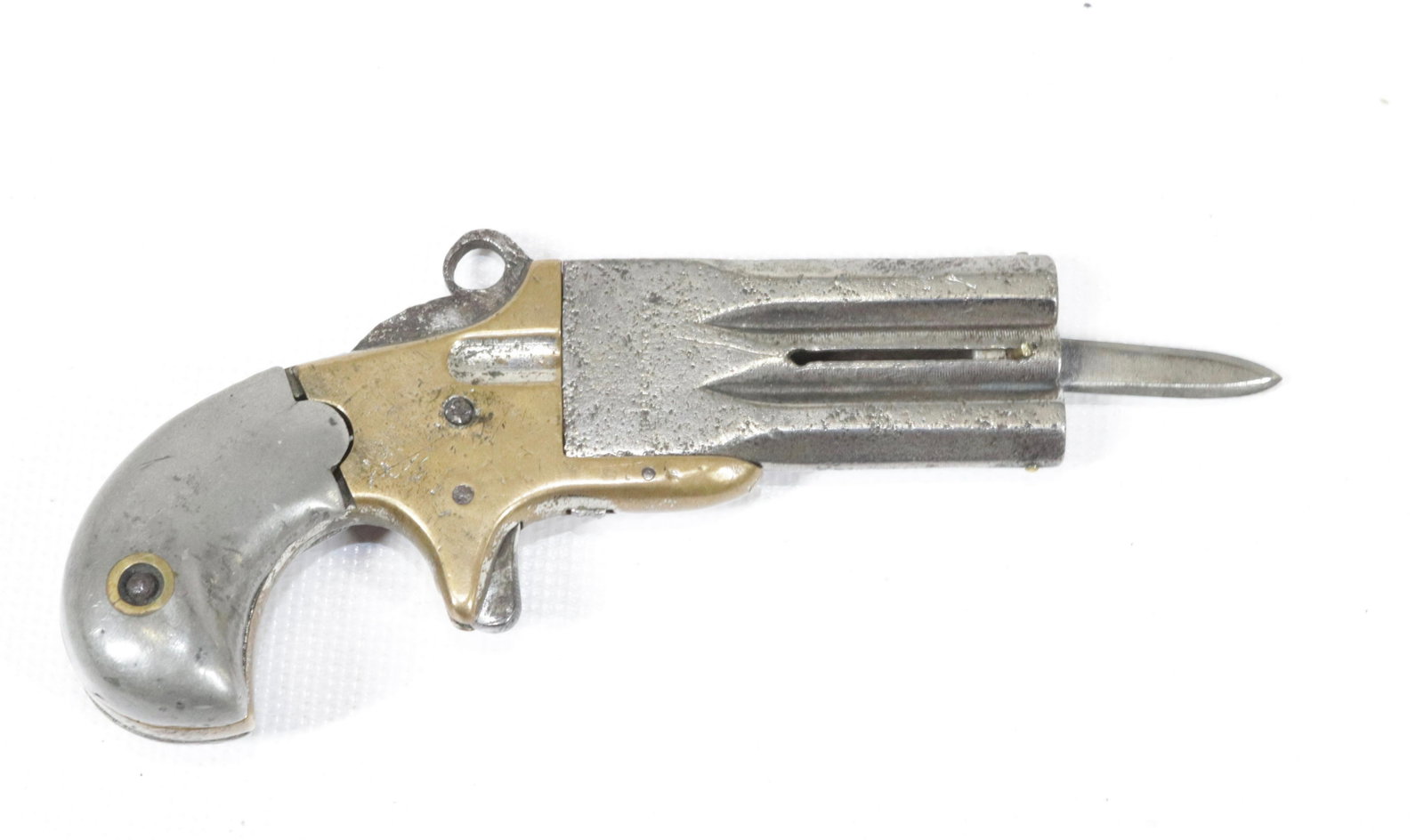 FRANK WESSON WATCH FOB DERRINGER: .22 CAL - SERIAL# NA - HAS SLIDING DAGGER IN CENTER OF BARRELS - PEWTER GRIPS - BARREL MARKINGS ARE LIGHT Size 2" BARREL - 4 1/4" OVERALL LENGTH Buying Requirement BLACK POWDER OR ANTIQUE DOES NOT REQ