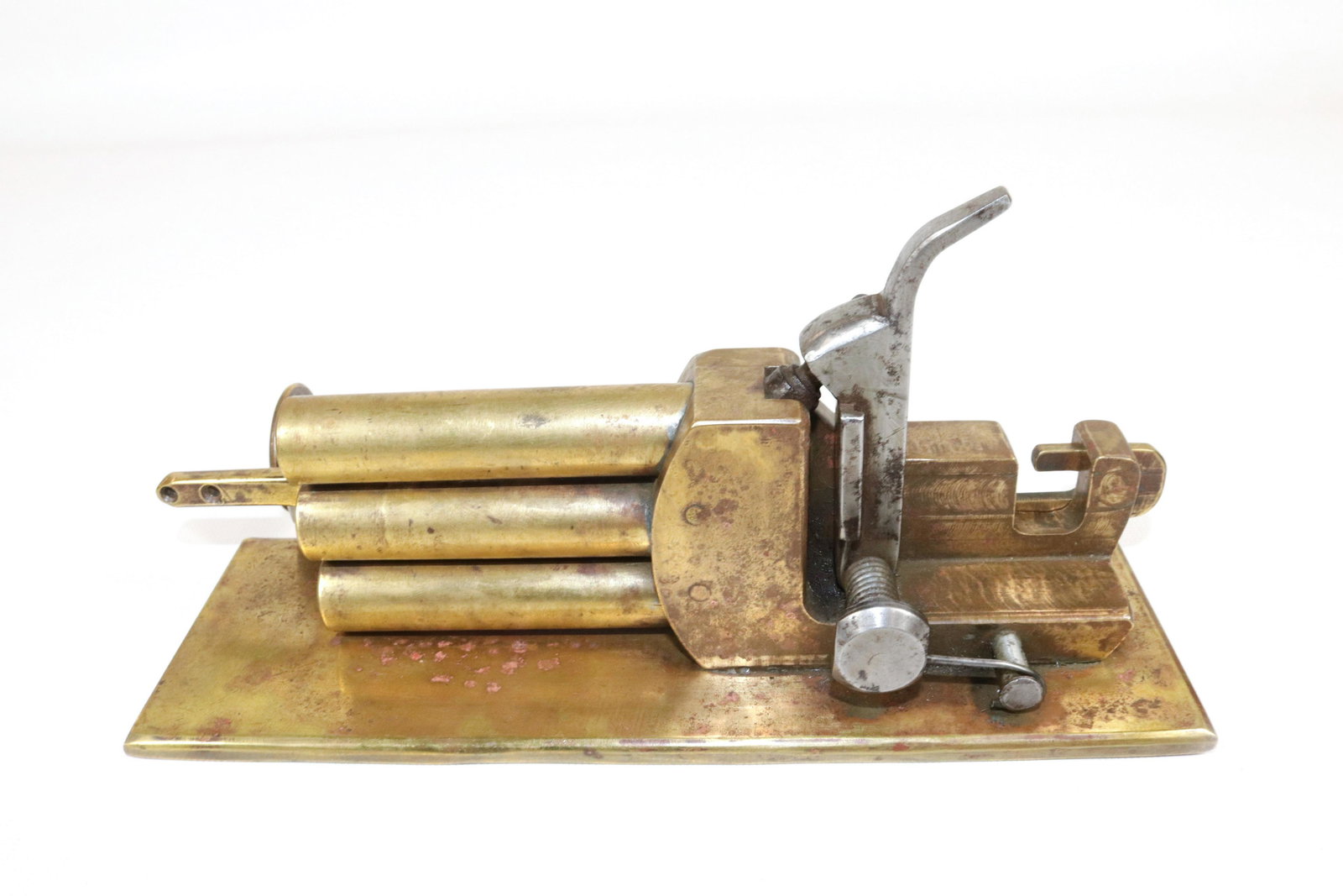RARE ANTIQUE TRAPPERS GUN OR BURGLER ALARM: PRATT'S PATENT MIDDLETOWN, CT - 3 BARREL GUN WITH CAP FIRING MECHANISM - SOLID BRASS FRAME Size 3 1/2" BARRELS