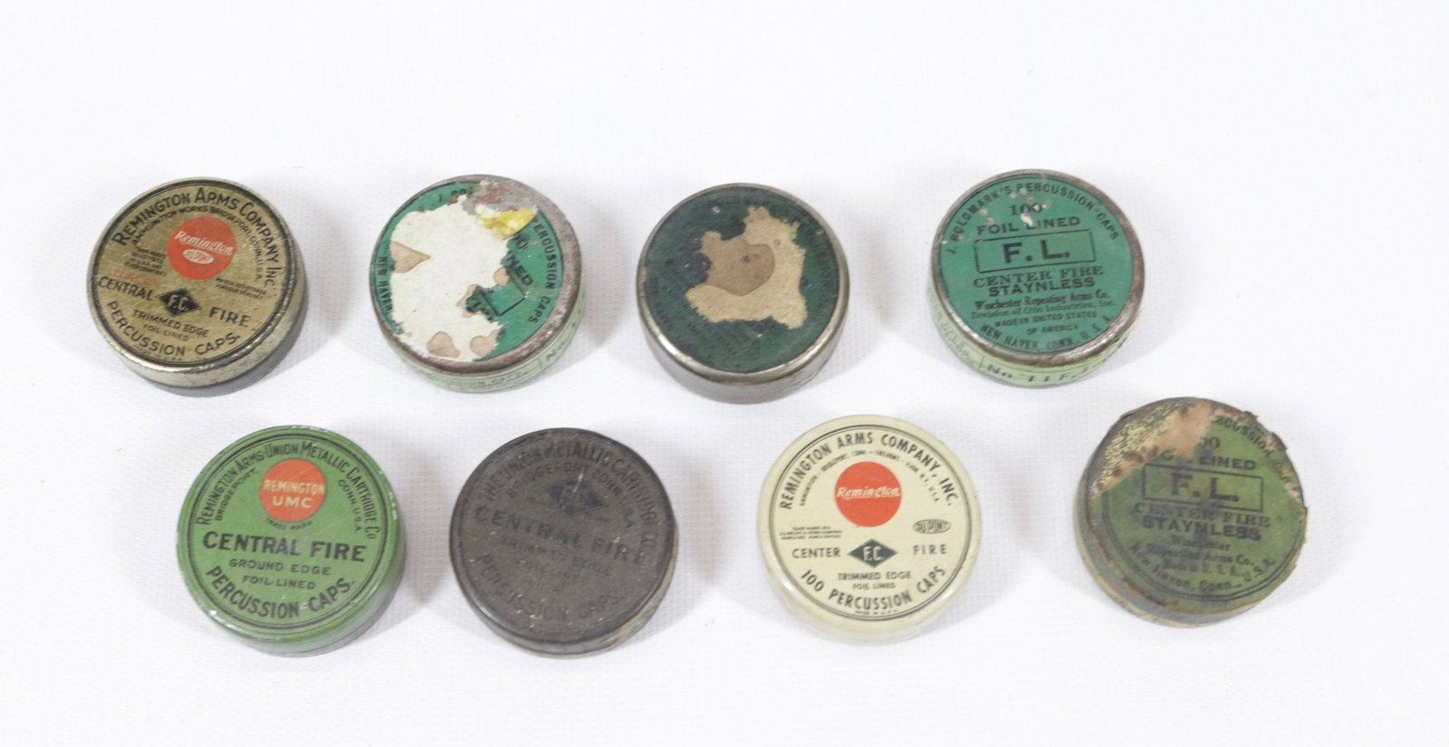 LOT OF ANTIQUE PERCUSSION CAP TINS: (8) INCLUDING - REMINGTON, WINCHESTER, AND GOLDMARKS