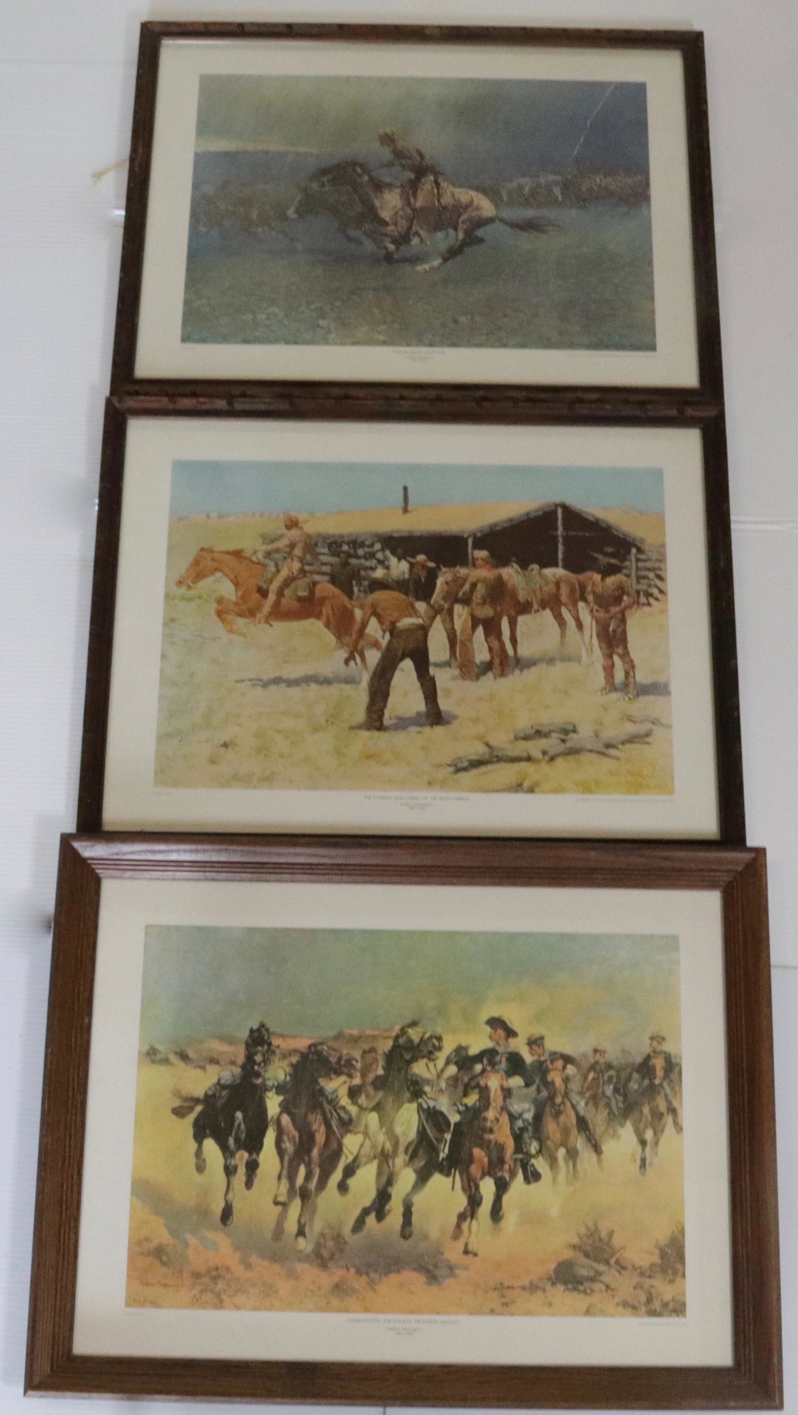3 FREDERIC REMINGTON PRINTS: STAMPEDED BY LIGHTNING "THE COMING AND GOING OF PONY EXPRESS" DISMOUNTED: THE FOURTH TROOPERS MOVING" Size 24" X 18"