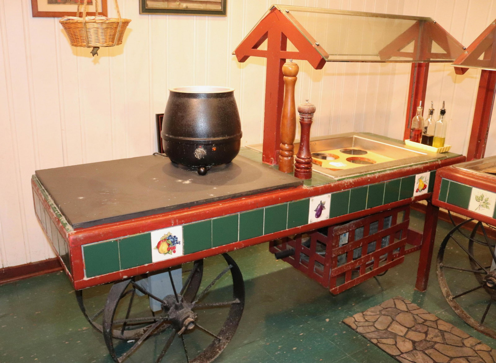 RESTAURANT SALAD BAR CART: WOOD, TILE, GLASS AND STAINLESS WITH IRON WHEELS Size 78" L Disclaimer PLEASE READ BEFORE BIDDING!!! Pick-up will be Tuesday January 5th, 2021 from 9:00am till 5:00pm and Thursday January 7th, 2021 fr