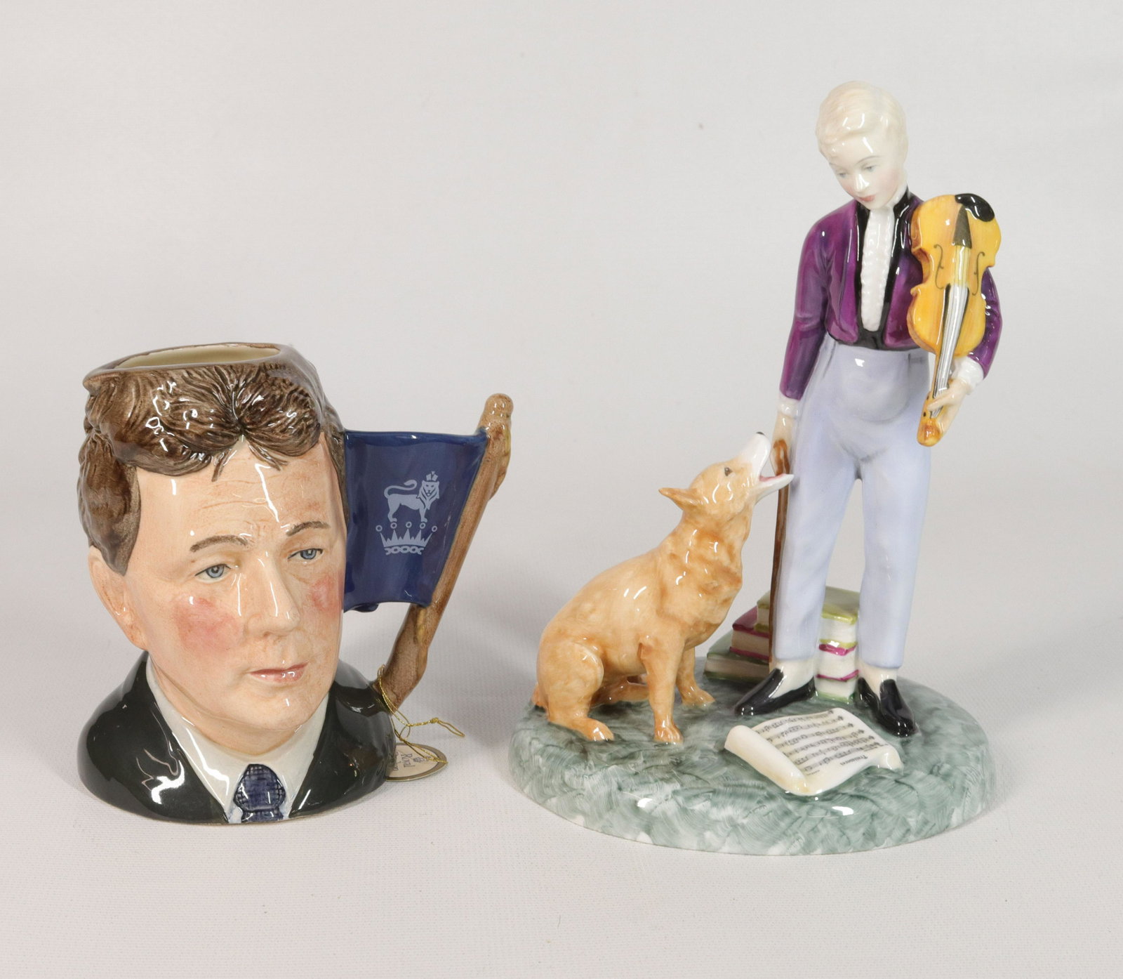 PAIR OF ROYAL DOULTON PORCELAIN FIGURES: THE YOUNG MASTER HN2872, 1979 AND JUG D6808 BY MICHAEL DOULTON SGND. 1989 Size 4" TO 7" H
