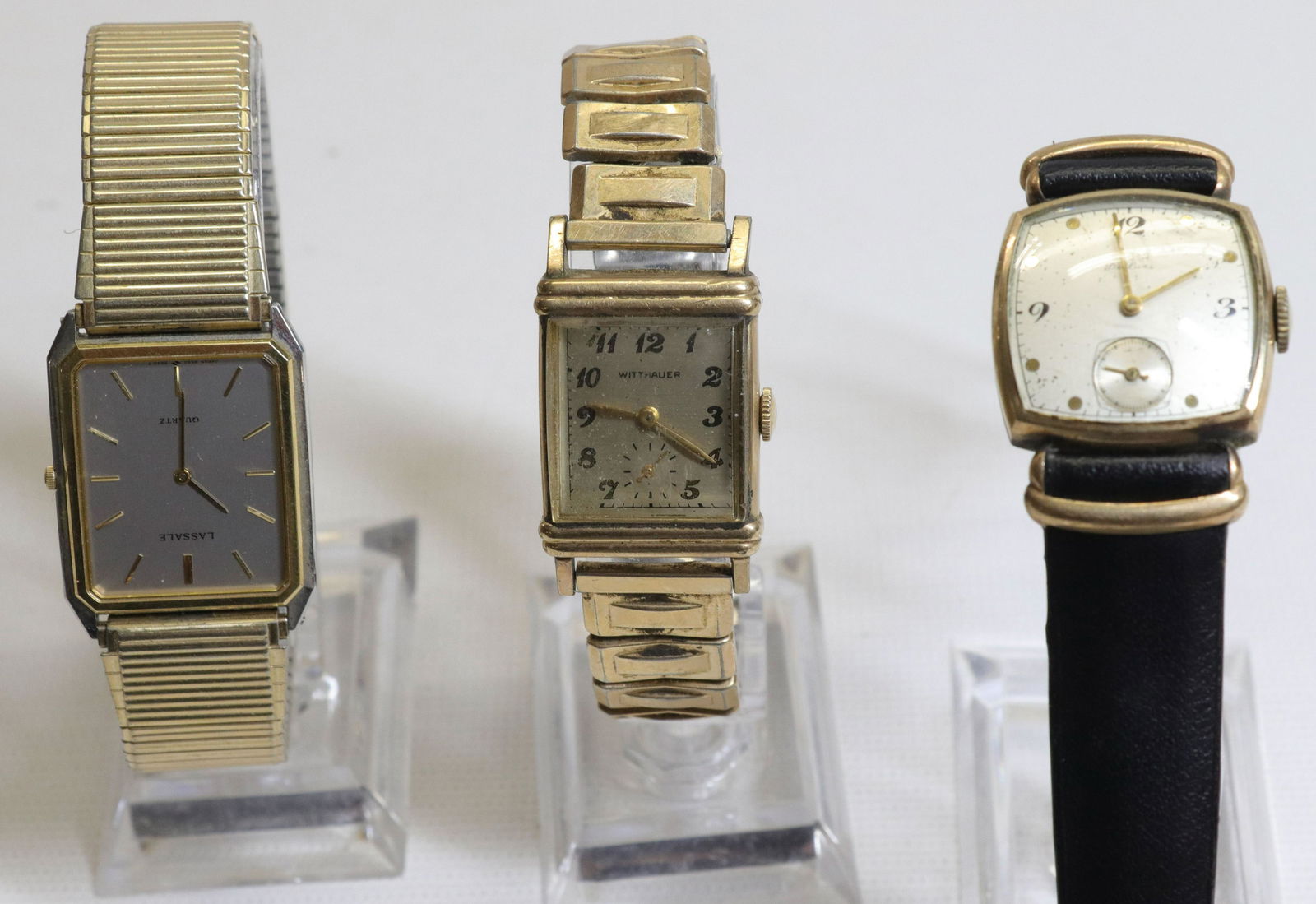 GROUP LOT OF WRISTWATCHES: (3) INCLUDING: ELGIN GOLD-FILLED, WITTNAUER GOLD-FILLED AND QUARTZ LASSALE