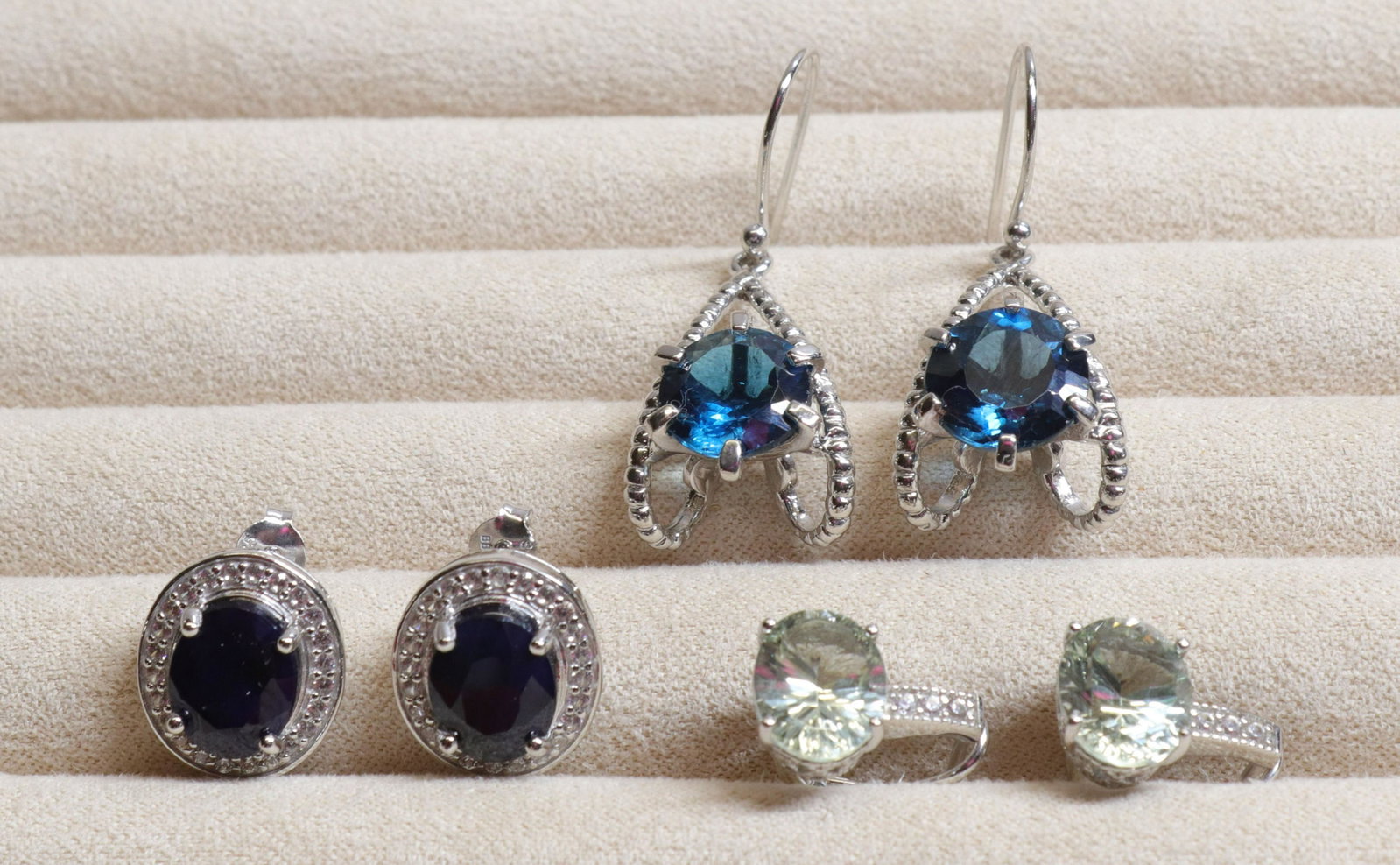 GROUP LOT OF CONTEMPORARY JEWELRY: NEW IN BOX. ALL STERLING SILVER. THREE PAIRS OF EARRINGS. LONDON BLUE TOPAZ, BLACK SPINEL AND CITRINE