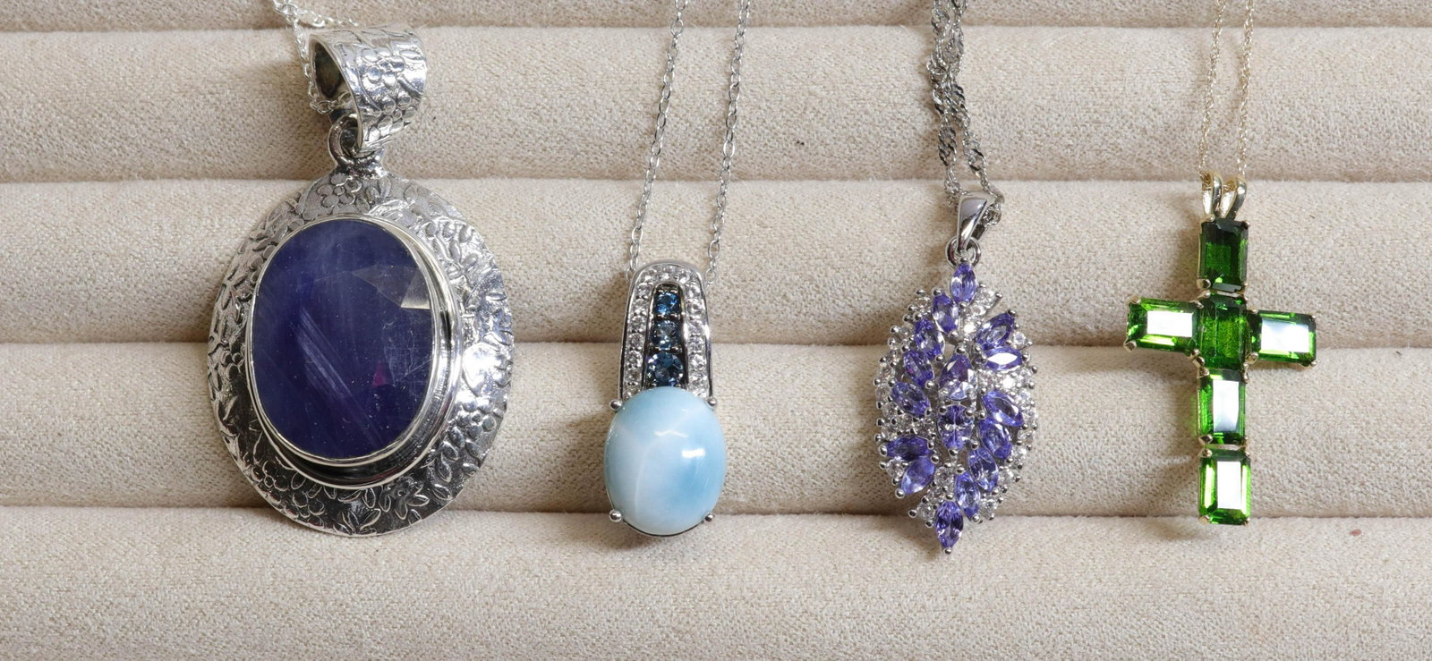 GROUP LOT OF CONTEMPORARY JEWELRY: NEW IN BOX. ALL STERLING SILVER. FOUR NECKLACES. LARIMAR, BLUE SAPPHIRE, TANZANITE AND EMERALD SPINAL Size 17" L