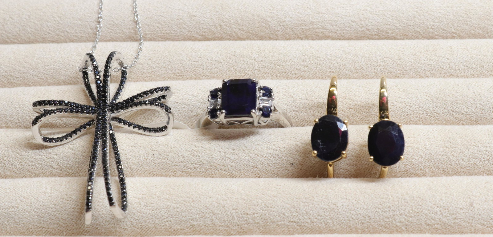 GROUP LOT OF CONTEMPORARY JEWELRY: NEW IN BOX. ALL STERLING SILVER. RING, PAIR OF EARRINGS AND CROSS PENDANT W/ CHAIN. BLACK SPINAL Size RING SIZE 8. CHAIN 18" L