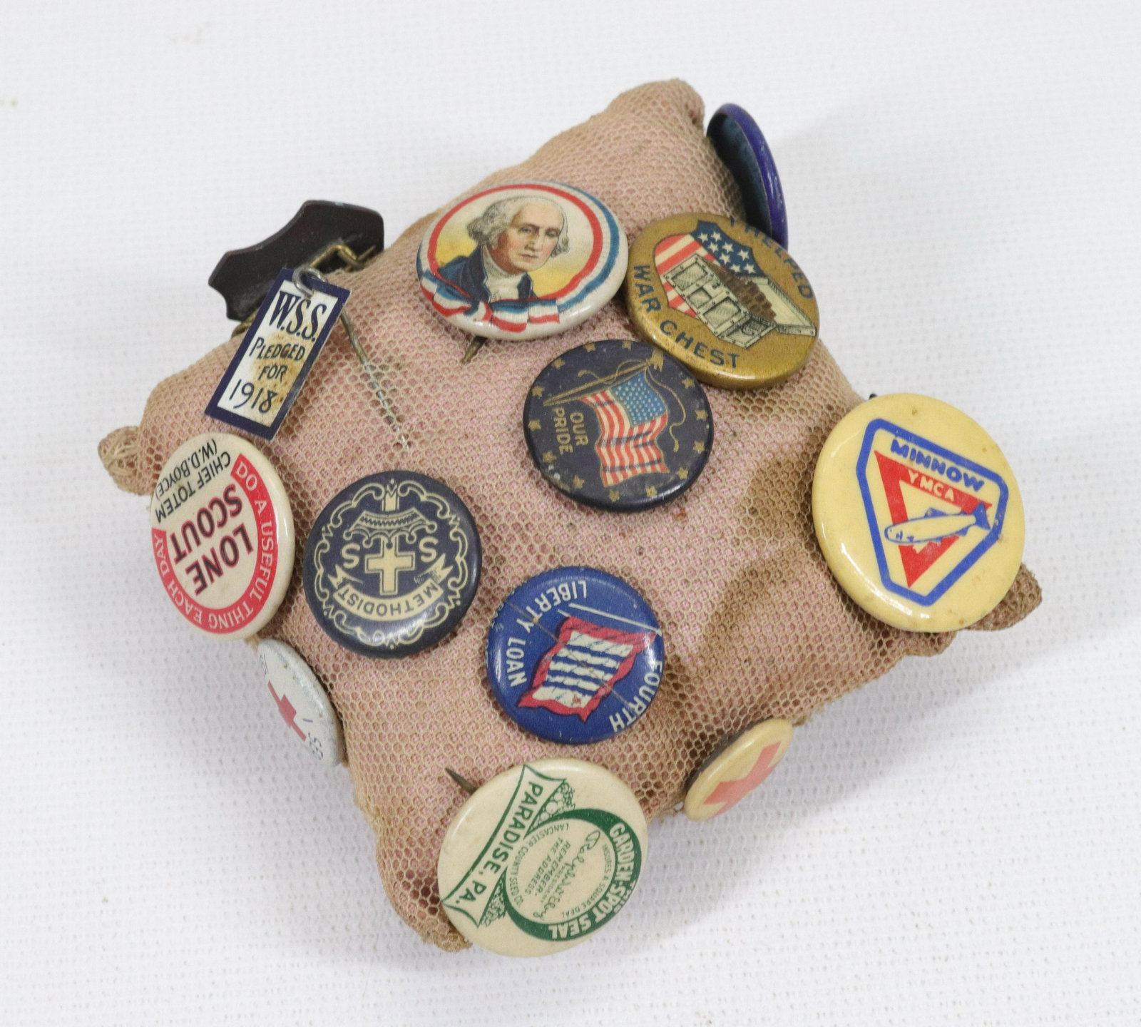 GROUP OF ADVERTISING PINS: (16) PINS ON SMALL PIN CUSHION Dimensions PIN CUSHION 3" X 3"
