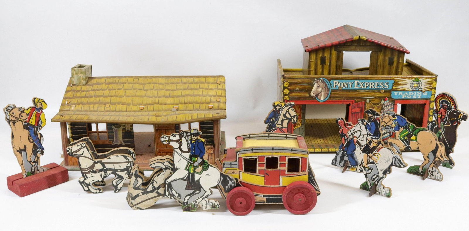 PAIR OF LITHO BUILDINGS AND FIGURES: (2) MARX BUILDINGS, WOOD STAGE COACH AND FIGURES Dimensions PONY EXPRESS BUILDING 11 3/4" L