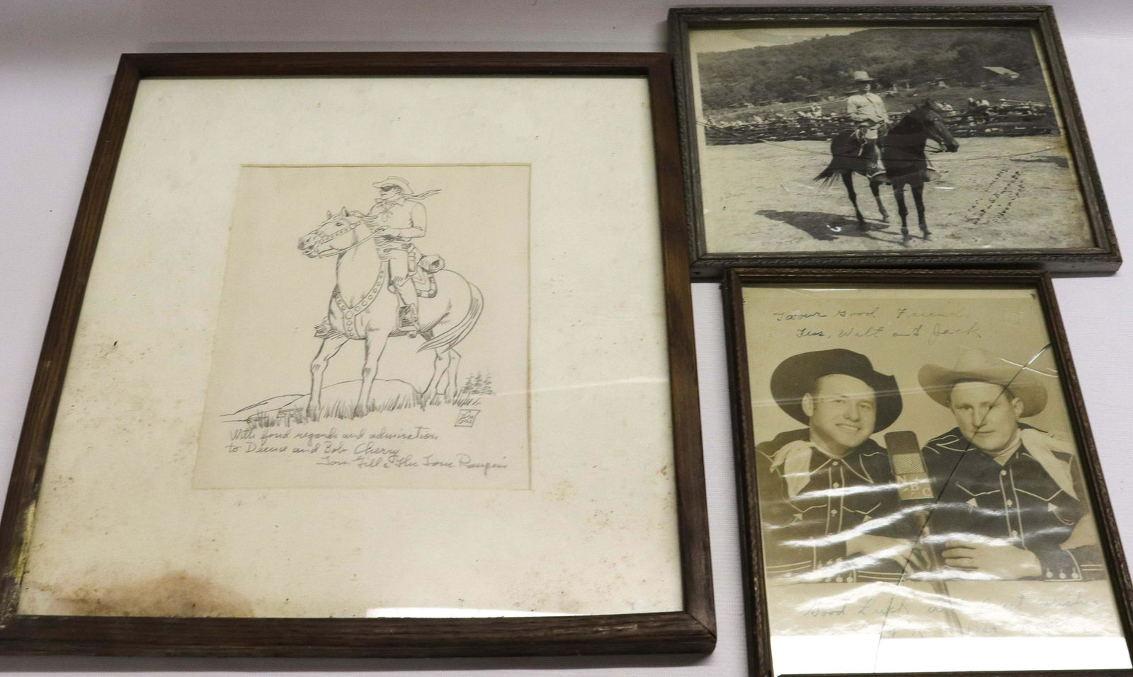 GROUP LOT OF AUTOGRAPHED PHOTOS: INCLUDING: "THE BUNKHOUSE BOYS, JERRY & DON", CAPT. L.S. BARRETT AND DRAWING BY TOM GILL Dimensions LONE RANGER SKETCH MEASURES 9" X 7 1/4"