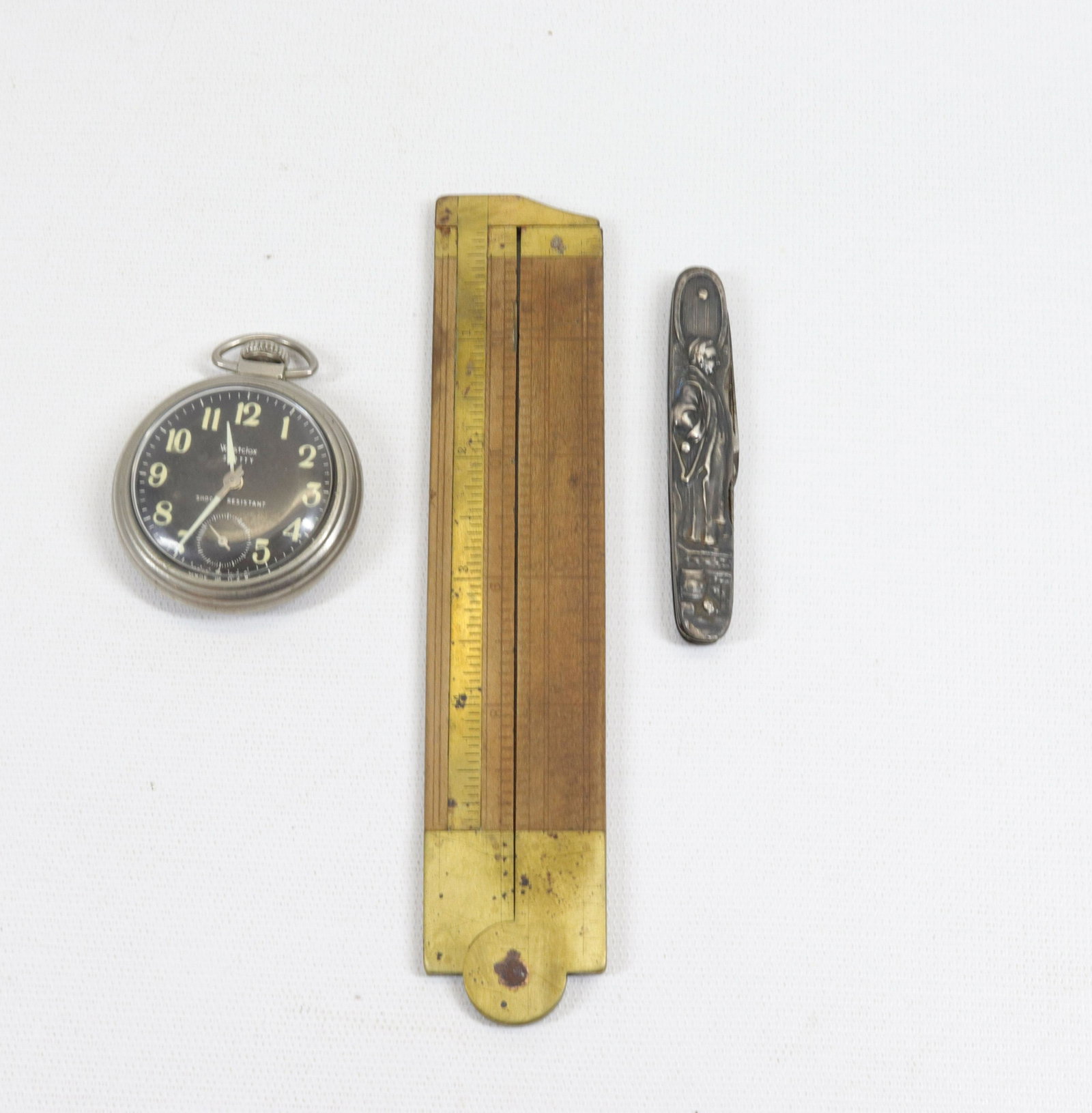 GROUP LOT OF VINTAGE SMALLS: WESTCLOX SCOTTY POCKET WATCH, FIGURAL POCKET KNIFE AND BRASS/WOOD MEASURE Dimensions WATCH 1 7/8" D