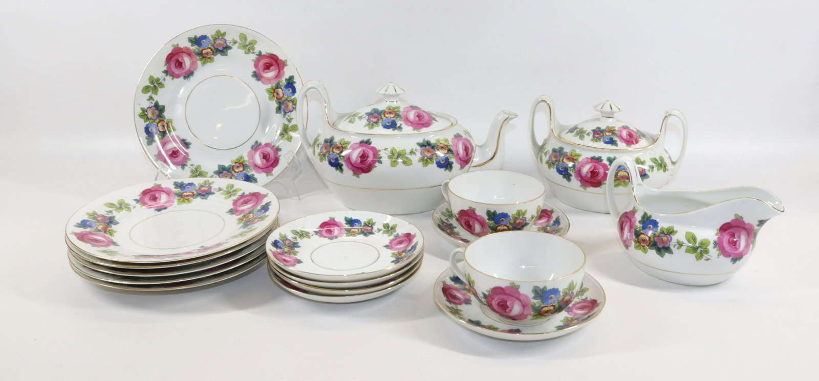GROUP LOT OF PHOENIX CHINA: MADE IN CZECHOSLOVAKIA. TEAPOT, SUGAR/CREAMER, (5) LUNCHEON PLATES, (2) CUPS AND (6) SAUCERS Dimensions PLATES 7 1/2" D