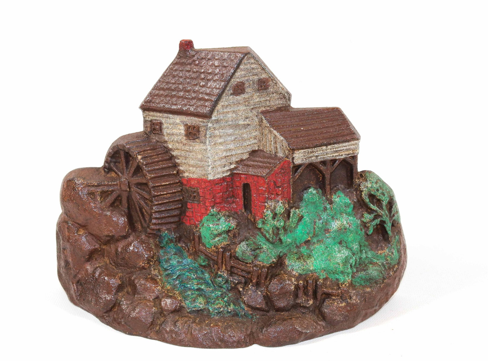 CAST IRON GRIST MILL DOORSTOP: MRKD. GRENIER NOVELTIES. PAINTED SURFACE Dimensions 6 1/4" X 8 1/2"