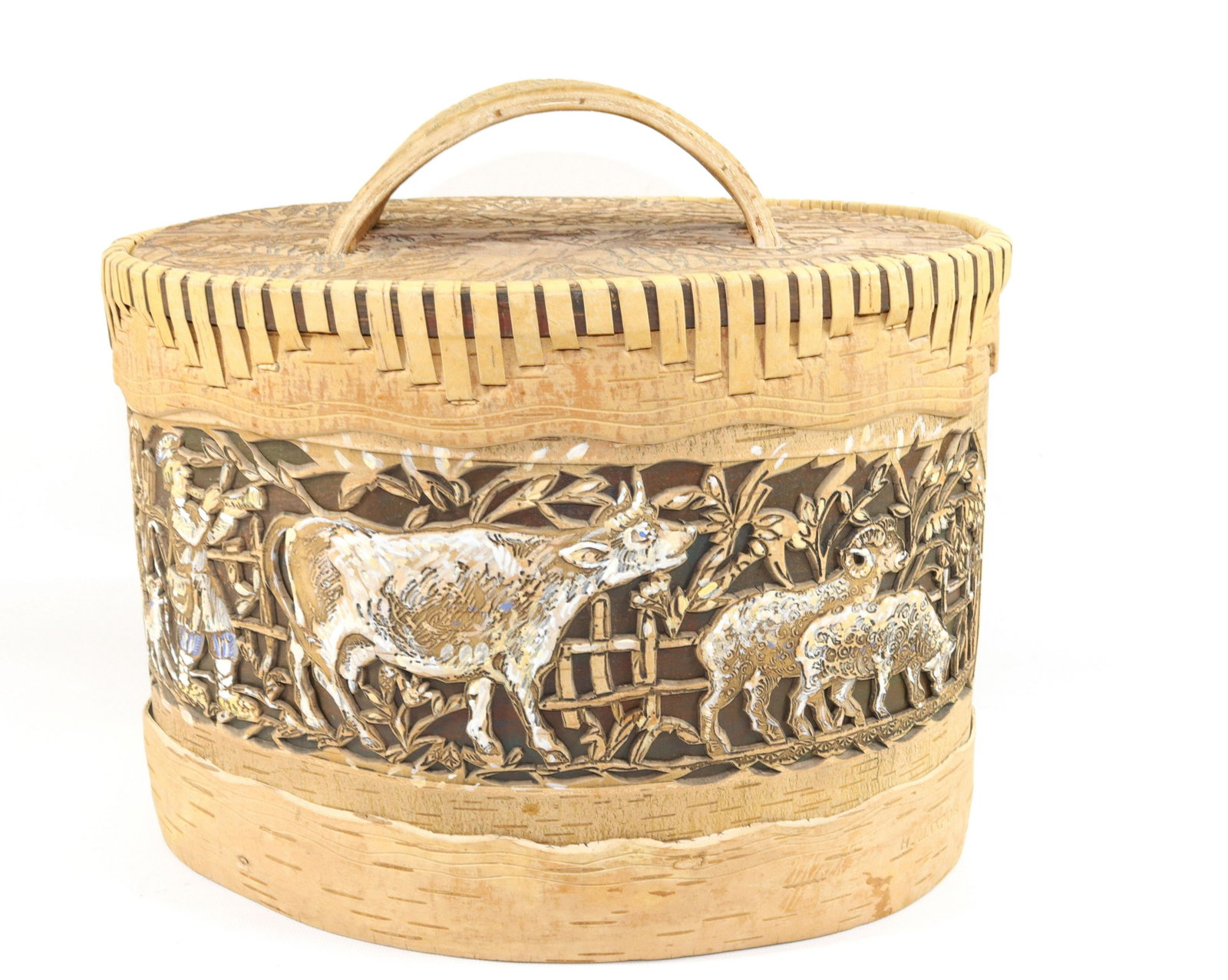 RUSSIAN CARVED BOX: CARVED OVAL BARK CONTAINER WITH LID. BOY WITH HORN AND COW, SHEEP AND GEESE. IMPRESSED "H. MAXPOB, 2009" Dimensions 11 1/2" H X 12"