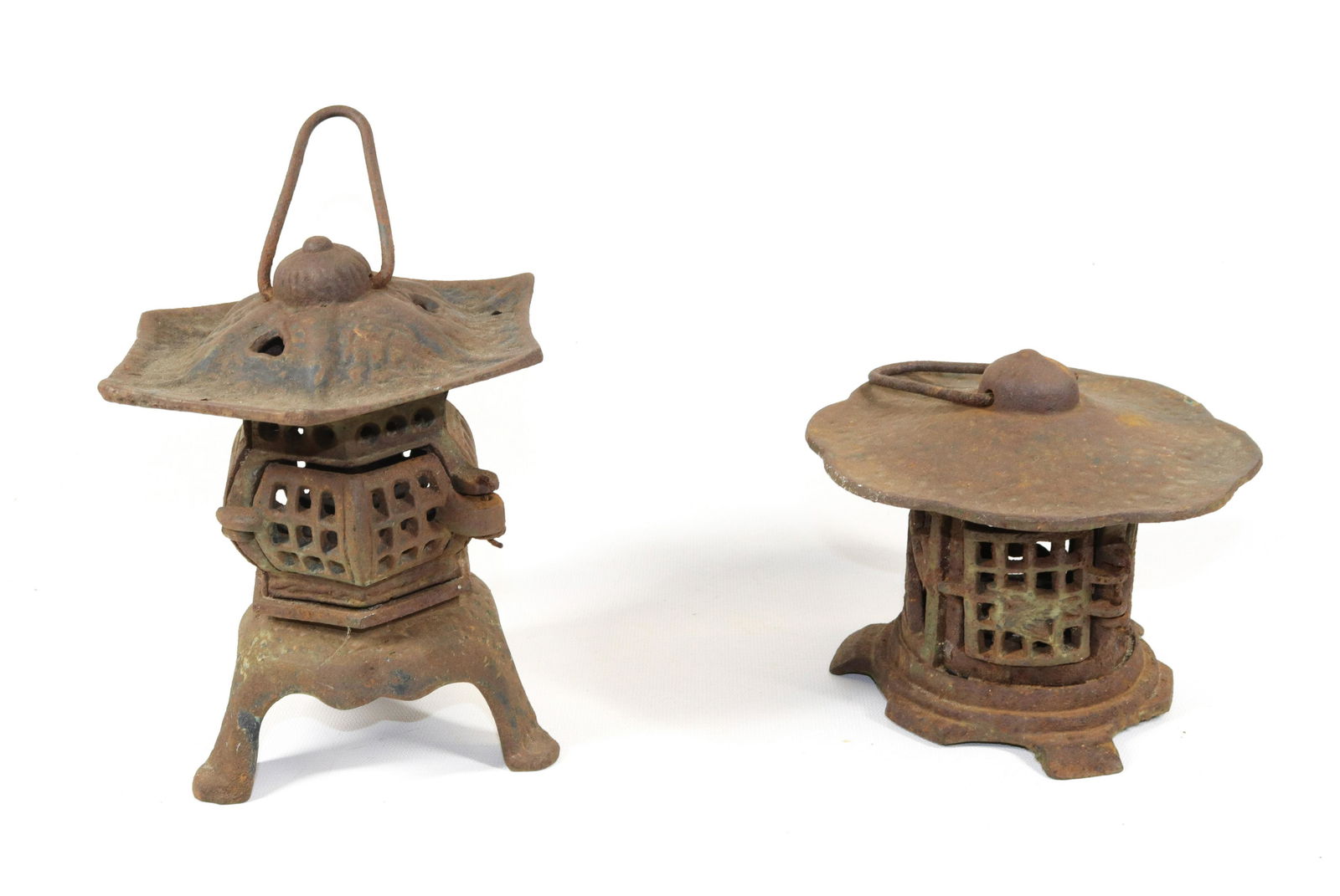 TWO CAST IRON LANTERNS: PAIR OF ASIAN STYLE HANGING LANTERNS Dimensions 4" TO 7" H