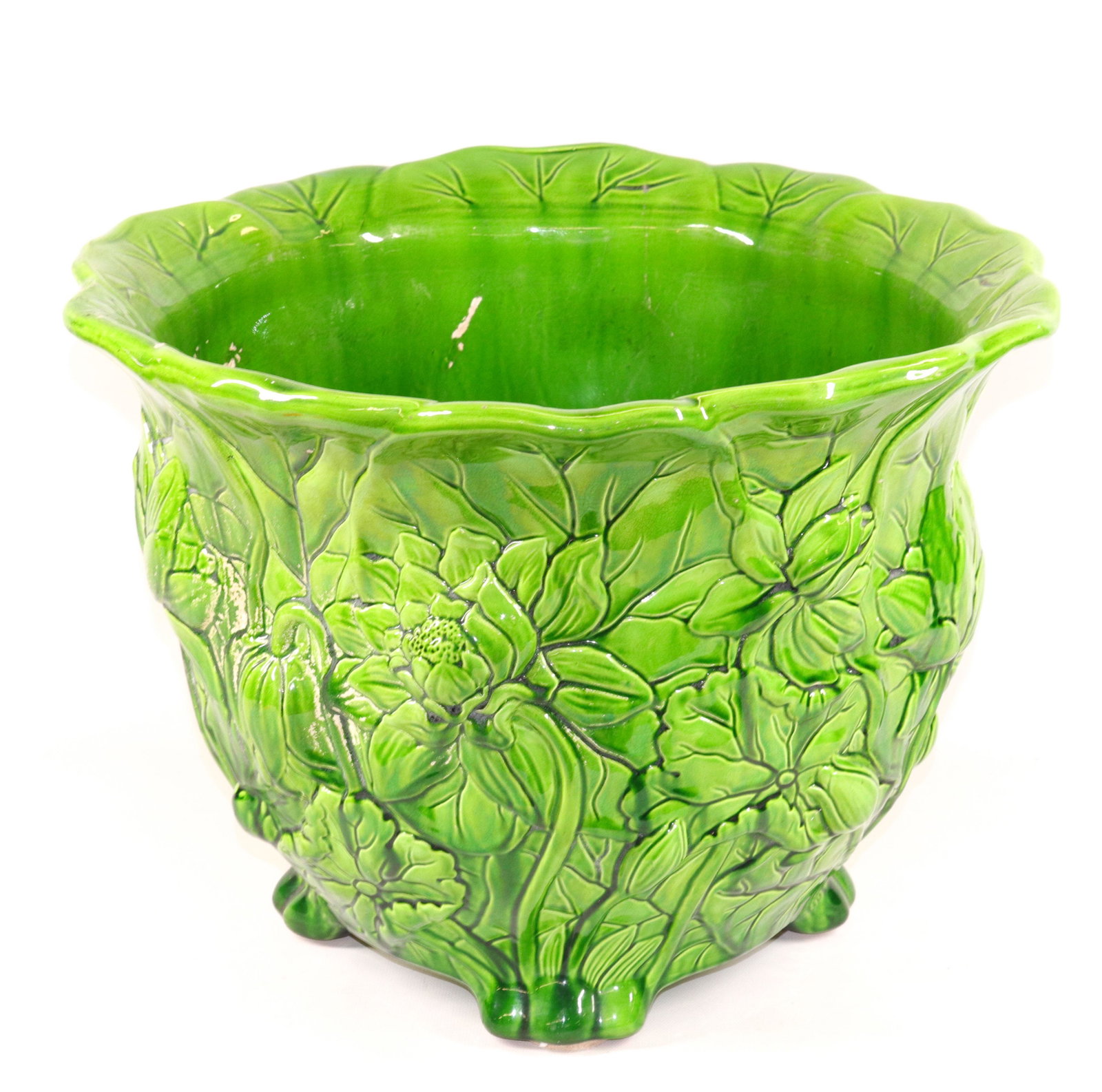 GLAZED MINTON JARDINIERE: LARGE FOOTED POT WITH EMBOSSED FLOWERS. MRKD. ON BOTTOM. MINTON ENGLAND Dimensions 11 1/2" X 15 1/2"