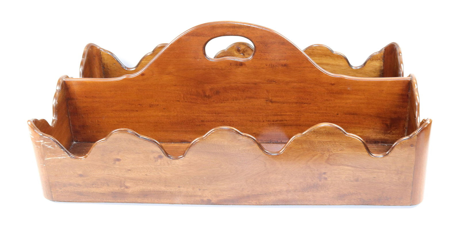 SCALLOPED WOODEN CARRIER: MAHOGANY WITH CENTER DIVIDER Dimensions 10" X 25" X 14 1/2"