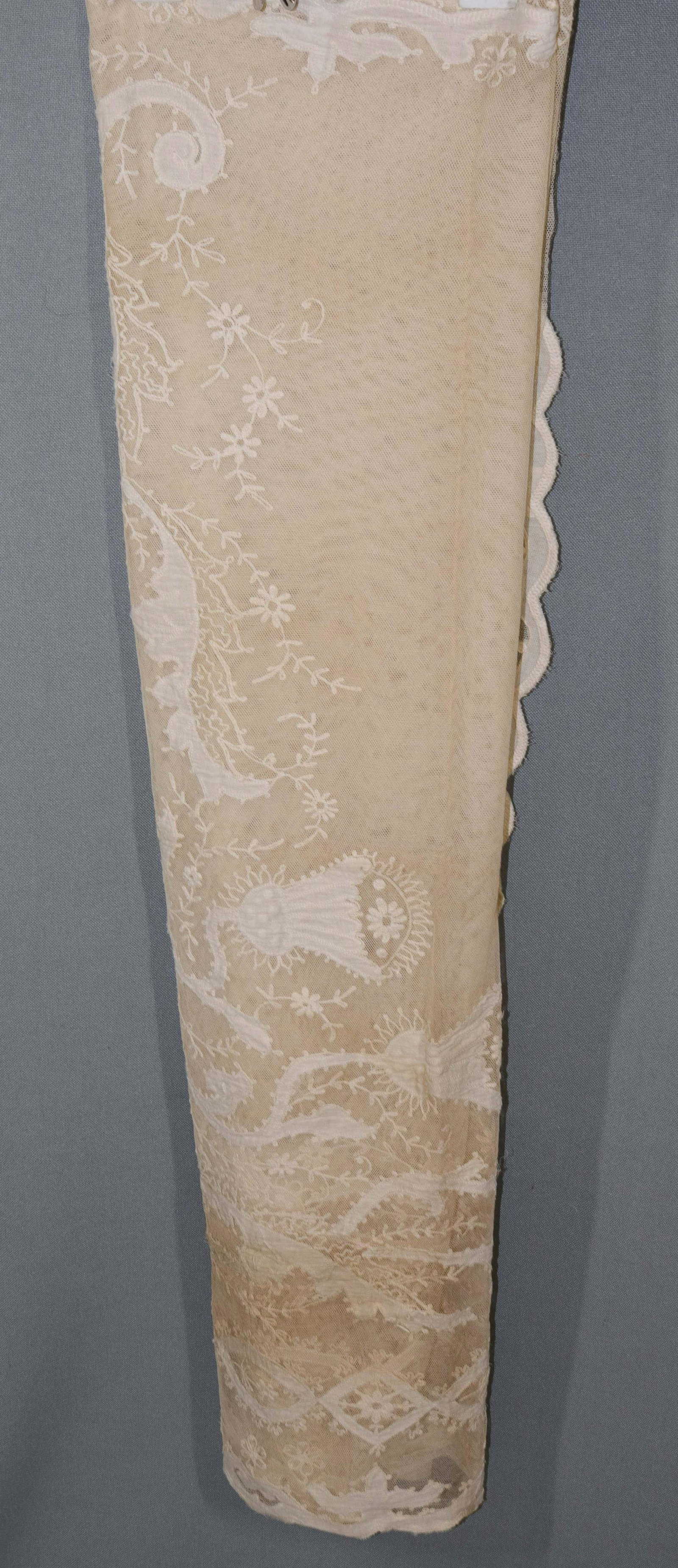 GROUP LOT OF ANTIQUE CURTAINS: FIVE FANCY CURTAINS. OFF WHITE- 4 MATCH- 88" X 44"
