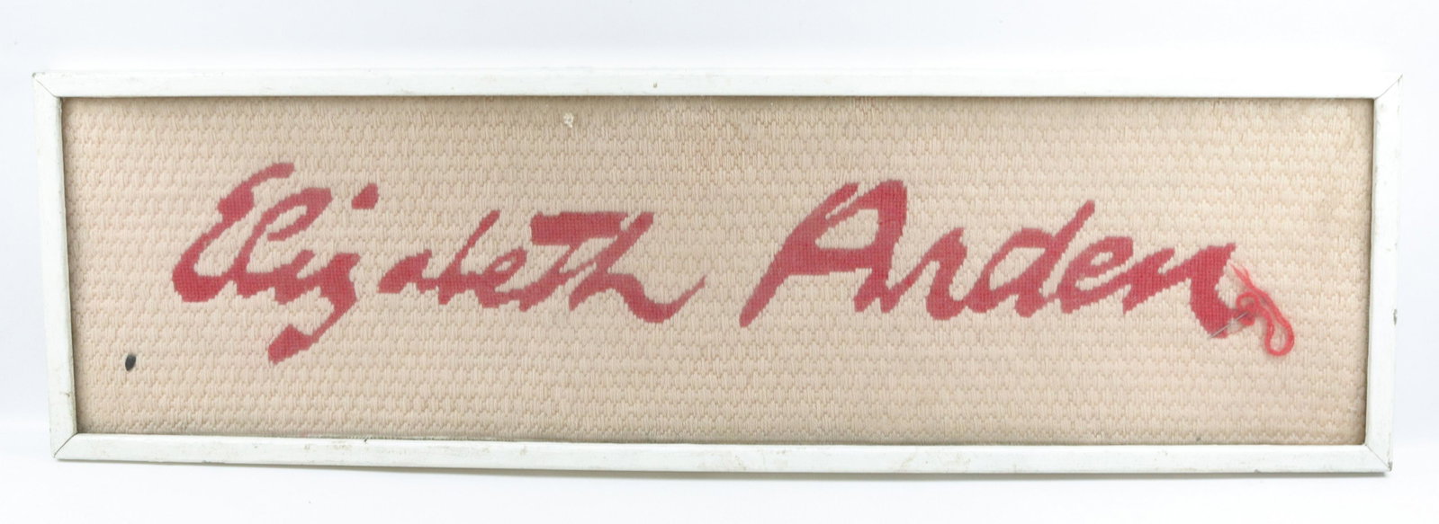 ELIZABETH ARDEN FRAMED TEXTILE: FROM ELIZABETH ARDEN ESTATE. FRAMED UNDER GLASS Dimensions 11" X 36 1/2"