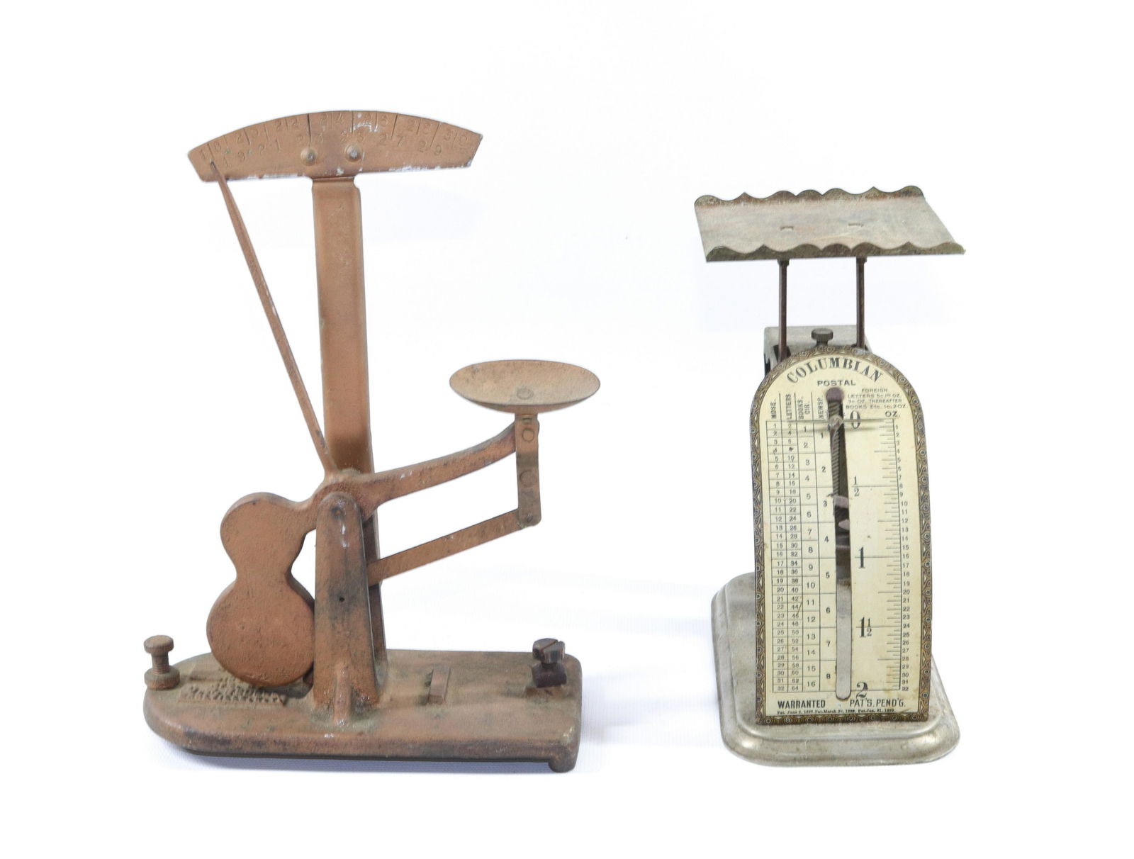 PAIR OF VINTAGE SCALES: CAST IRON ZENITH EGG SCALE AND COLUMBIAN POSTAL SCALE Dimensions 6 1/2" TO 8 1/2" H