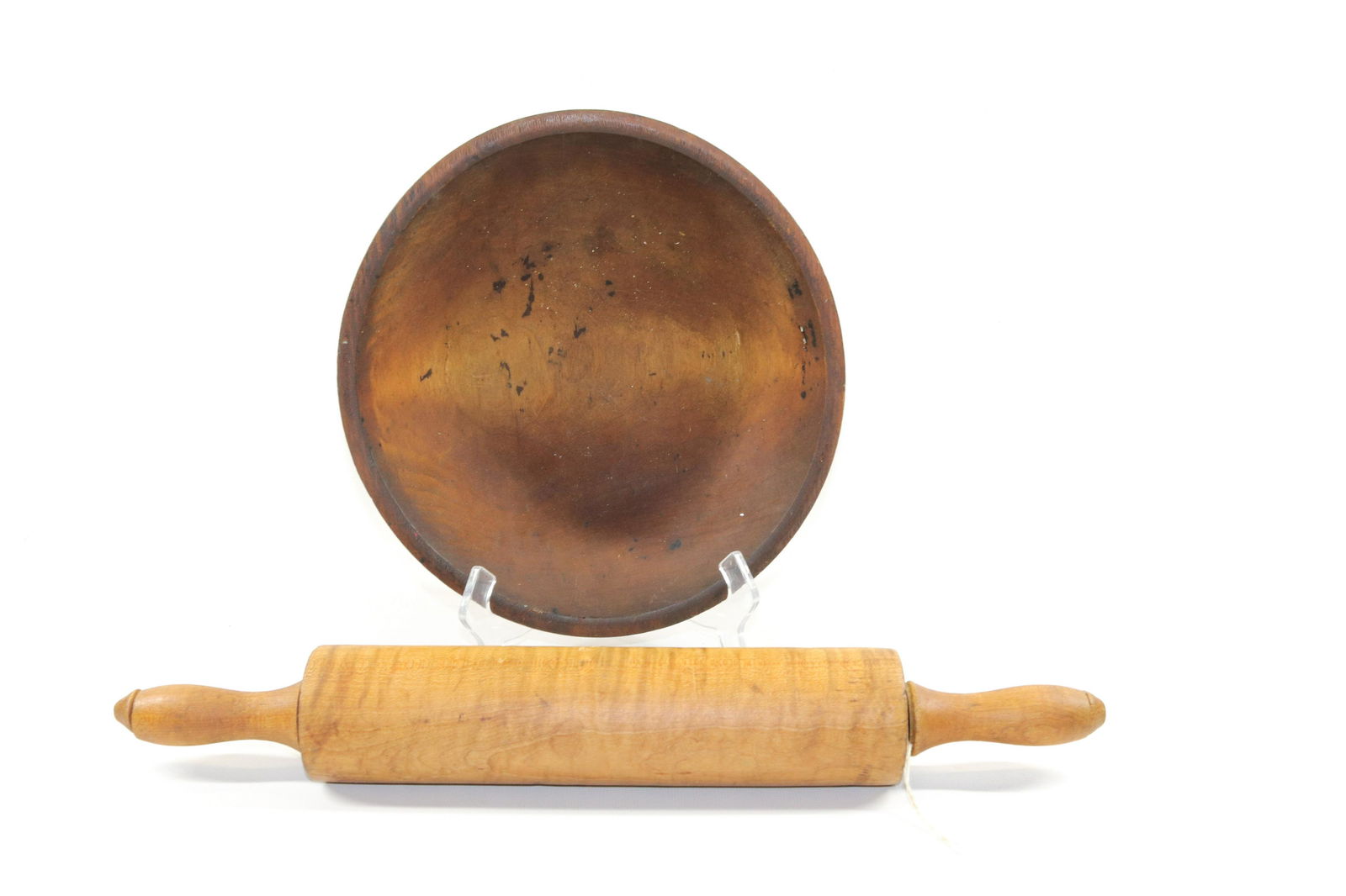 ROLLING PIN AND WOODEN BOWL: FIGURED WOODEN PIN AND SHALLOW BOWL Dimensions BOWL 10 3/4" X 10 1/4"