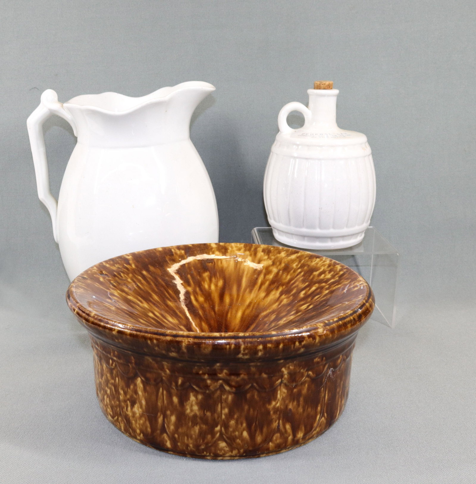 IRONSTONE PITCHER AND SPITTOON: ALSO SCOTTISH LIQUOR BOTTLE Dimensions PITCHER 10 1/2" H