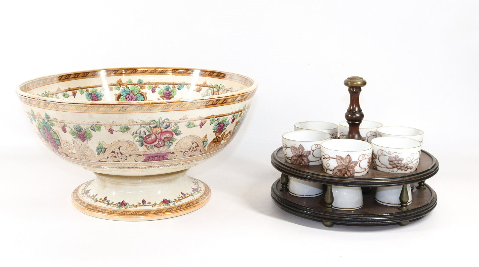 COPPER LUSTRE PUNCH BOWL AND EGG CUPS WITH CARRIER: GRAPE TRANSFERWARE PATTERN Dimensions 13" D