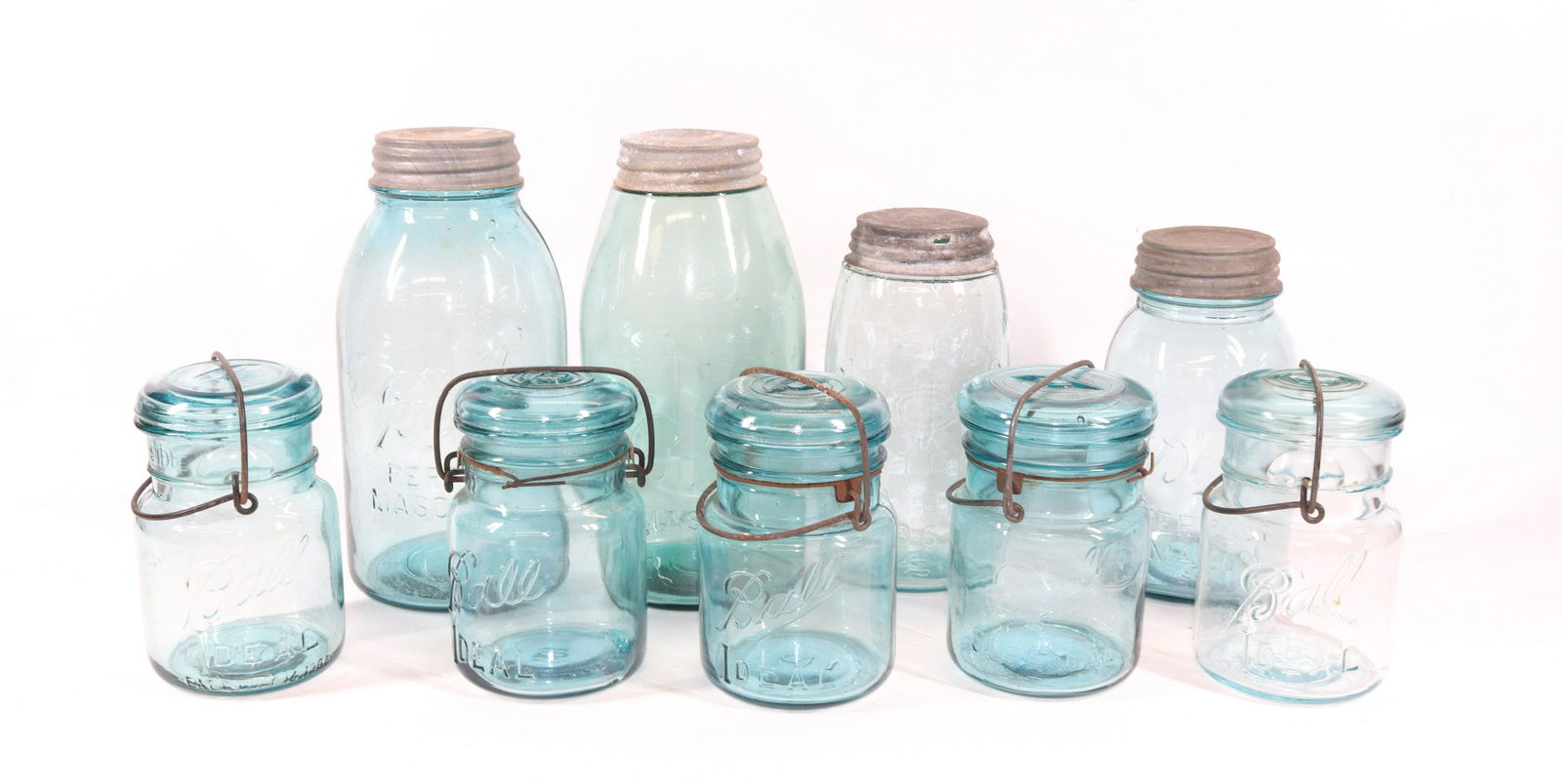 GROUP LOT OF CANNING JARS: (9) INCLUDING: MASON'S 1858, BALL PERFECT, BALL IDEAL AND MORE Dimensions LARGEST 9 1/4" H