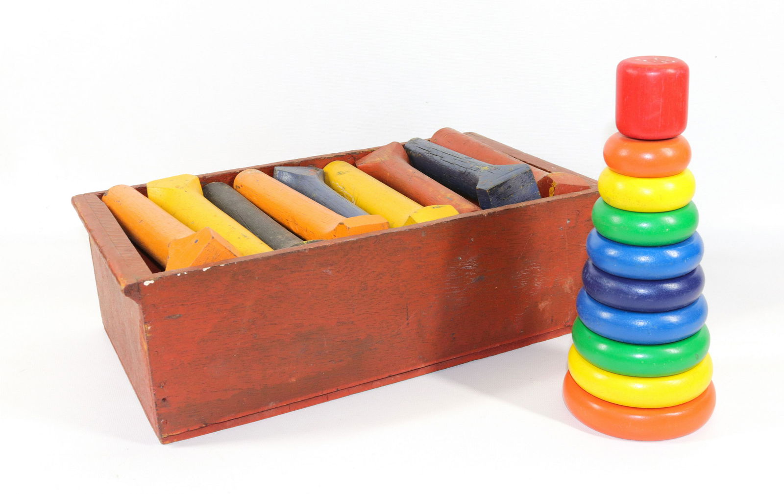 VINTAGE WOODEN TOYS: INCLUDING BOX OF PAINTED COLUMNS AND STACKING TOY Dimensions STACKING TOY 8 3/4" H