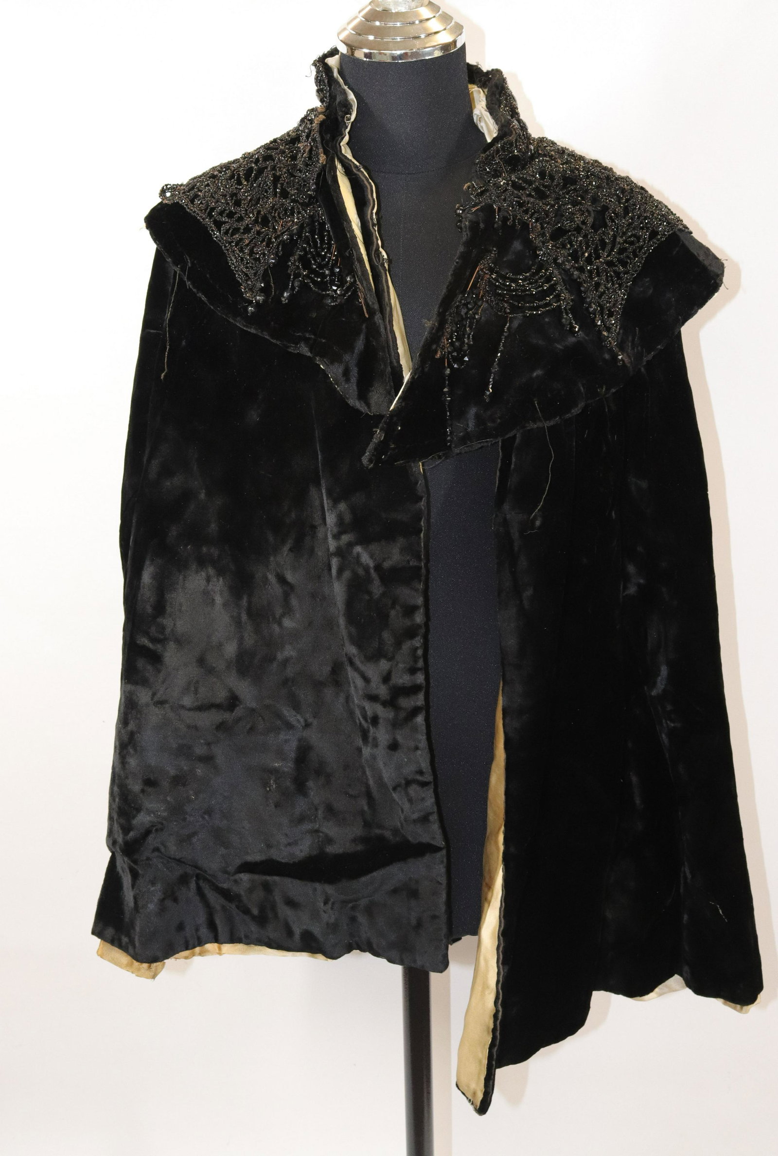 ANTIQUE VELVET CAPE: BLACK VELVET WITH WITH GLASS BEADWORK ON SHOULDERS