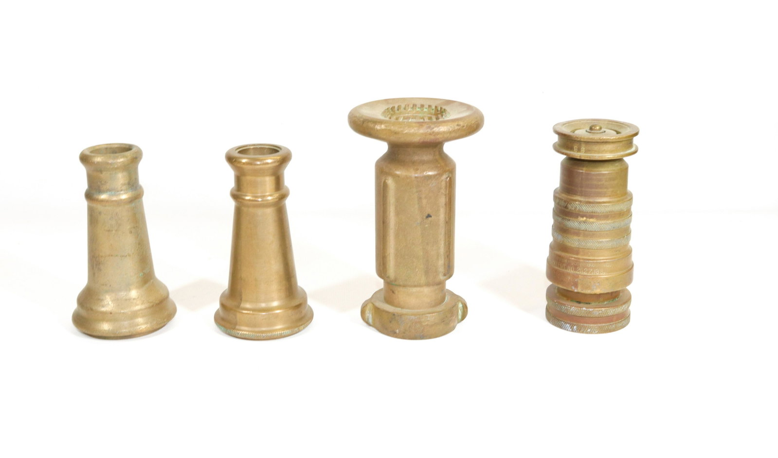 GROUP OF HEAVY BRASS FIRE NOZZLES: TWO MRKD. AKRON BRASS MFG Dimensions 5" TO 6 1/4"