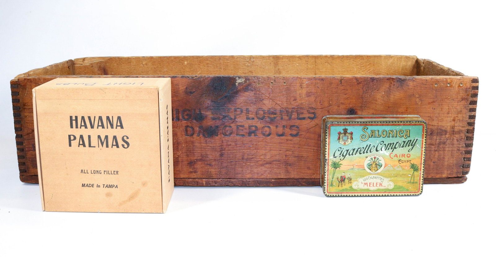 GROUP LOT OF ADVERTISING BOXES: AETNA WOODEN CRATE, HAVANA PALMAS CIGAR BOX AND SALMONICA CIGARETTE COMPANY TIN Dimensions 26 1/2" X 9 1/2"