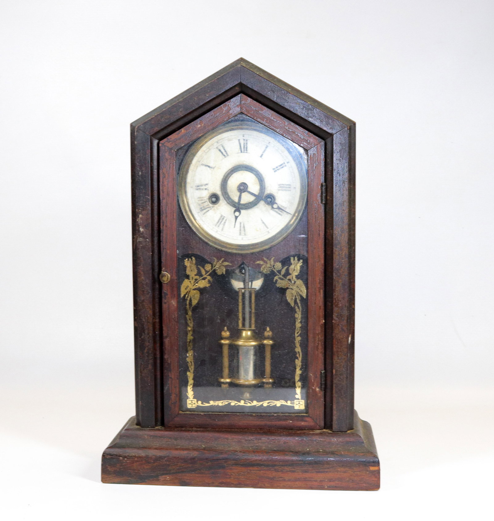 INGRAHAM CATHEDRAL MANTLE CLOCK: PAPER FACE, BRASS PENDULUM, NO KEY Dimensions 16 1/4" X 10 3/4"