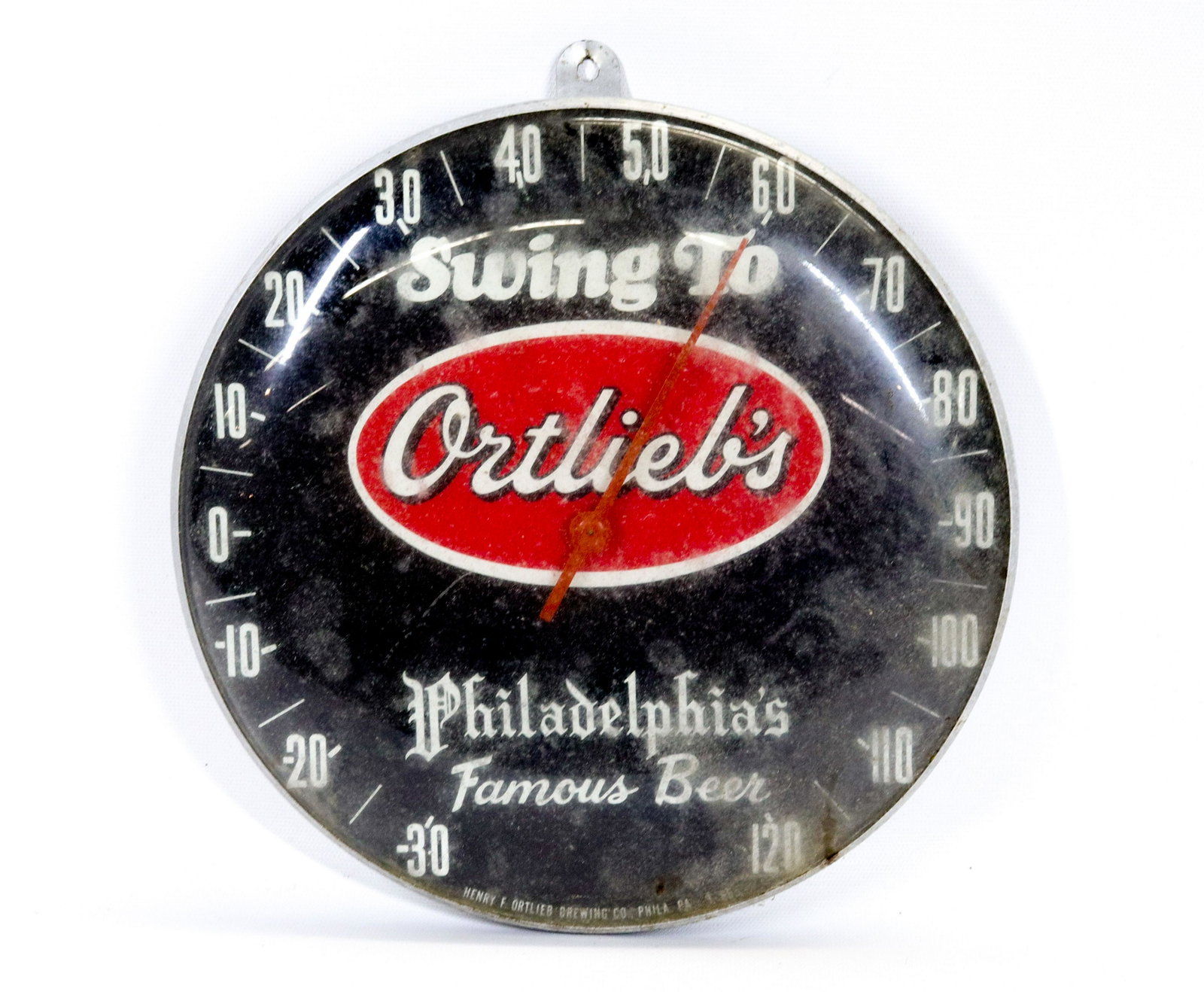 VINTAGE ADVERTISING THERMOMETER: ALUMINUM ORTLIEB'S BEER Dimensions 10" D