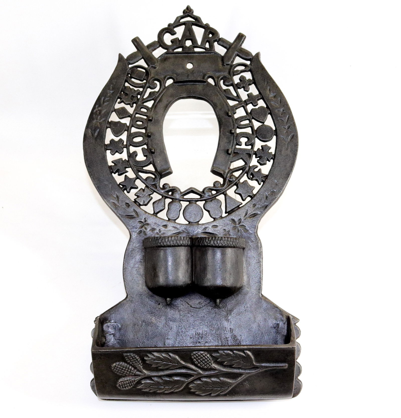 LARGE CAST IRON WALL MOUNTED MATCH HOLDER: MARKED "GAR" WITH GOOD LUCK. TWO ACORNS FOR MATCHES AND OAK LEAF MOTIF WALL BOX Dimensions 18" X 9 1/2"