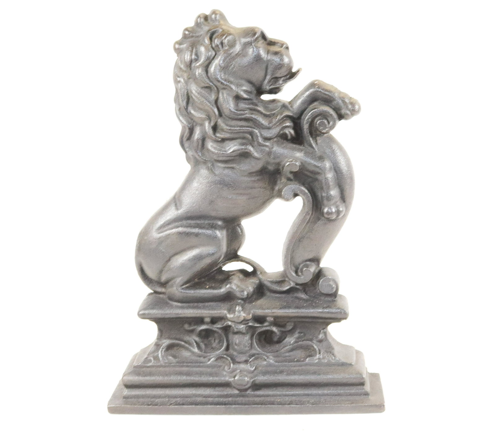 CAST IRON LION DOORSTOP: BLACK PAINTED SURFACE. SITTING ON HIND LEGS Dimensions 14 1/4" X 10"