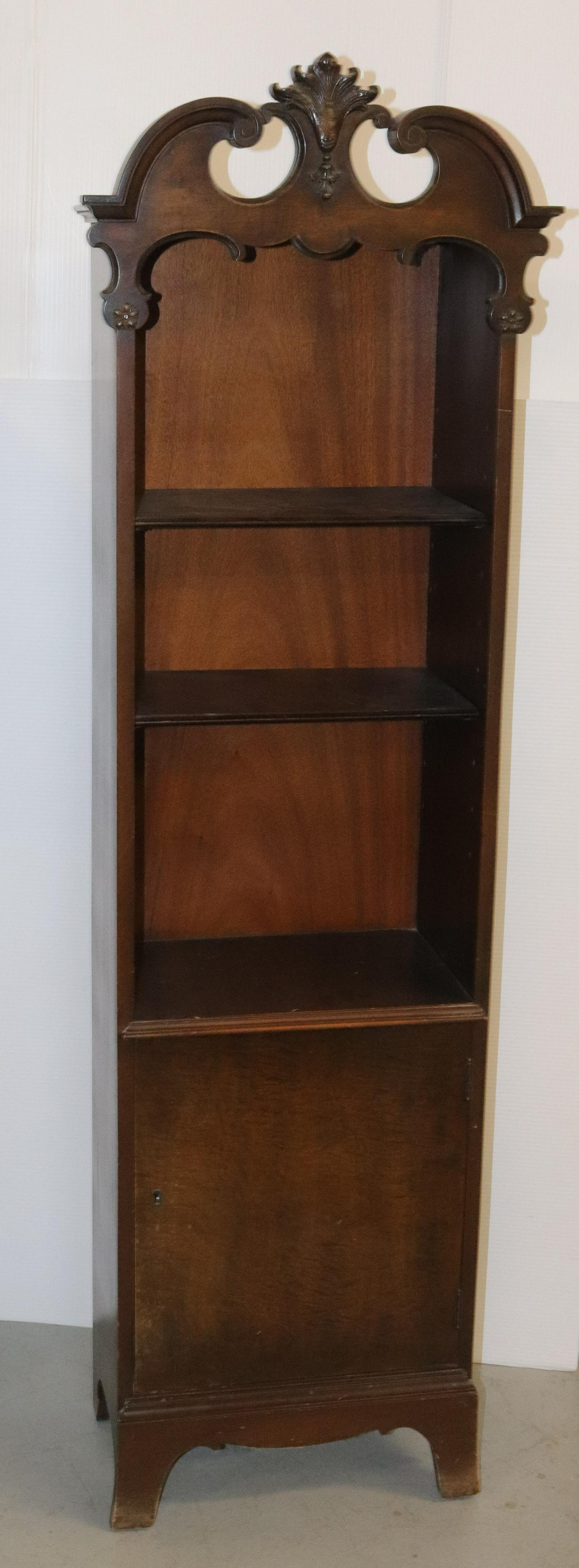 VINTAGE WOODEN BOOKCASE: THREE SHELVES OVER ONE DOOR. ARCHED TOP Dimensions 62" X 16" X 10"