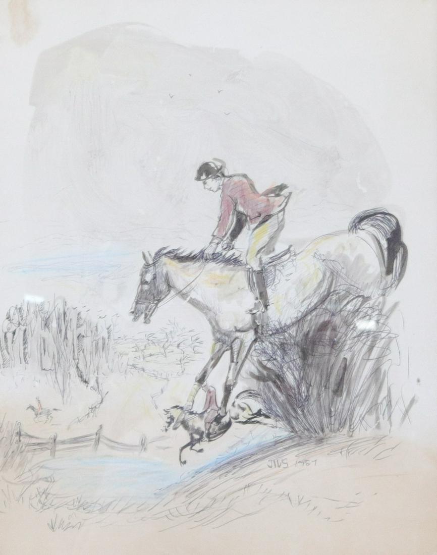 MID-CENTURY STEEPLECHASE DRAWING: HORSE AND RIDERS IN PURSUIT. PEN AND INK. SGND. BOTTOM RIGHT 1957. FRAMED UNDER GLASS Dimensions 13 1/2" X 11" AND 18 3/4" X 16" WITH FRAME
