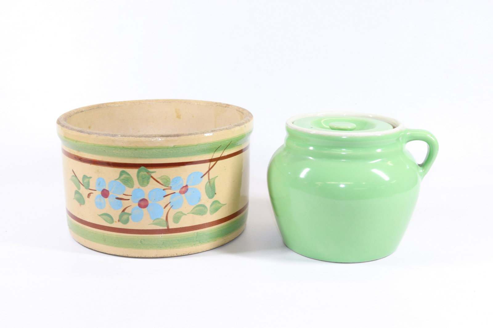 POTTERY BEAN POT AND CROCK: GREEN GLAZE POT MRKD. HALL AND STRIPED CROCK Dimensions CROCK 9 1/2" D