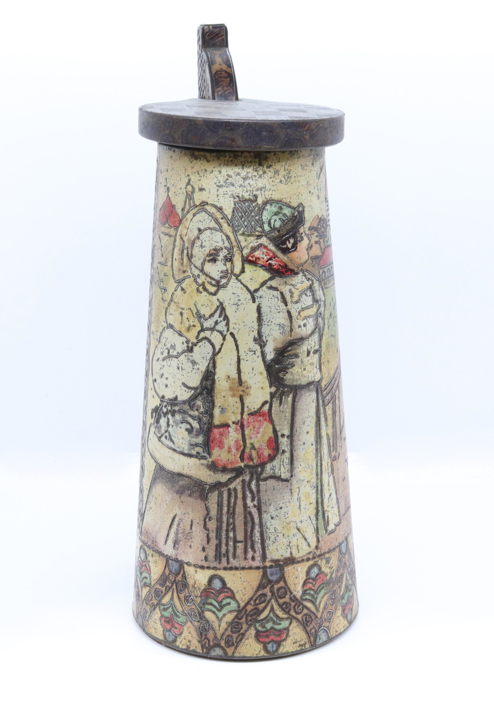 WILLIAM CRAWFORD AND SONS BISCUIT TIN: RUSSIAN STYLE JUG OR LIDDED STEIN - CIRCA 1911 10" X 4"