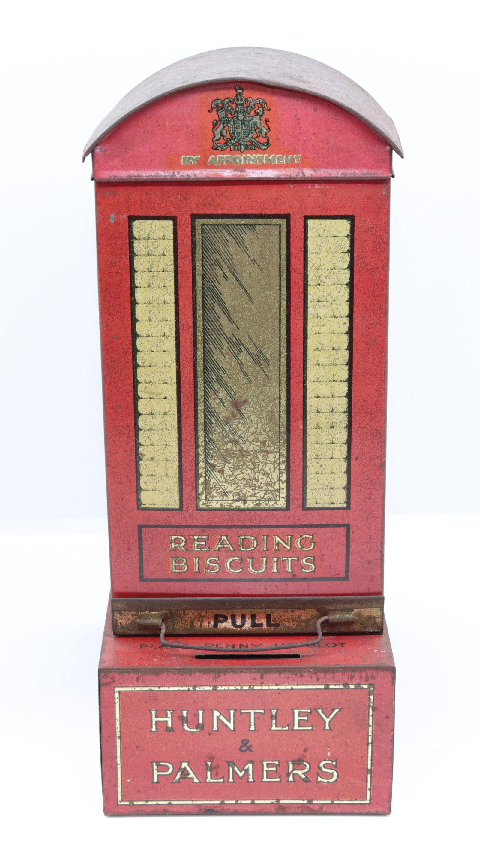 HUNTLEY & PALMERS "CANNON" BISCUIT TIN: PENNY IN THE SLOT MACHINE" CIRCA 1923 9" X 5 1/2