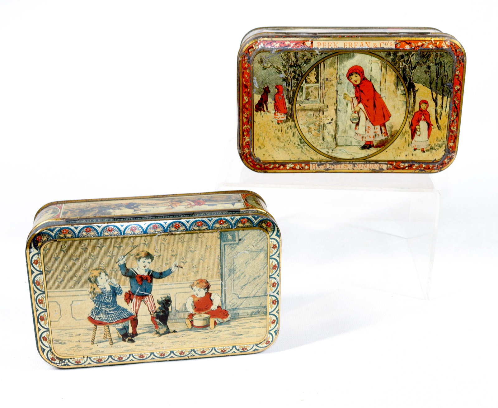 PR. OF PEAK AND FREAN & CO. BISCUIT TINS: CHILDREN TIN" CIRCA 1888 AND "LITTLE RED RIDING HOOD" CIRCA 1890 2" X 6
